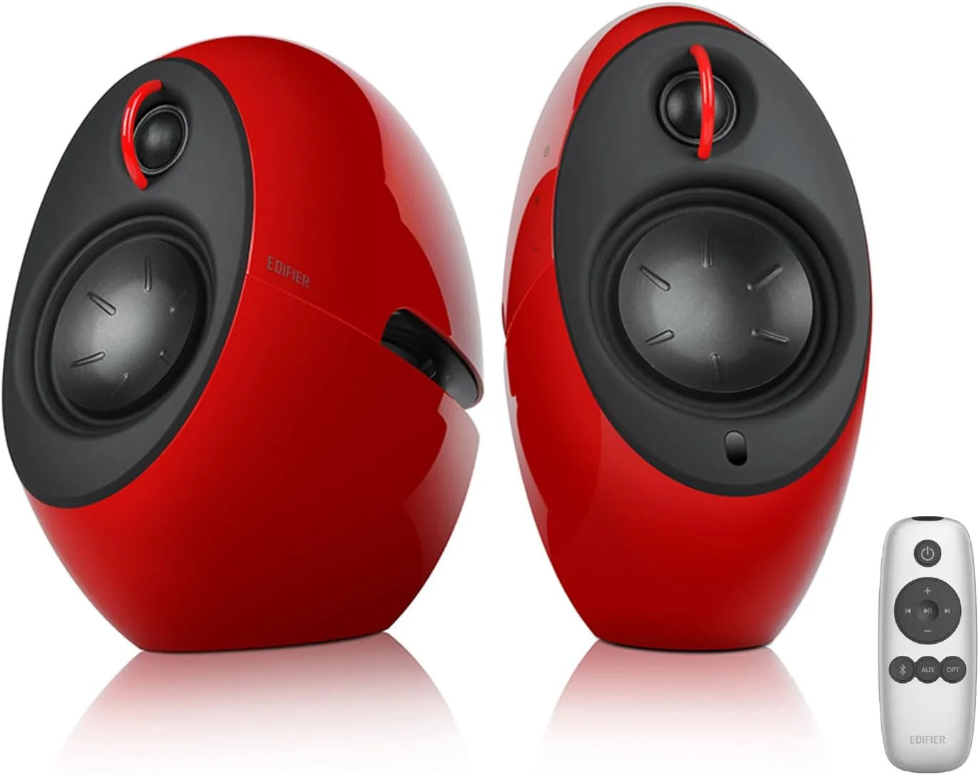 اسپیکرهای کامپیوتر Edifier e25HD با رادیاتورهای باس پسیو و بلوتوث 5.3 LDAC برای دسکتاپ - ورودی اپتیکال - اسپیکرهای قفسه کتابی Hi-Res با توان 74 وات با سیم و بی سیم 24 بیت/96 کیلوهرتز و 990 کیلوبیت بر ثانیه، قرمز