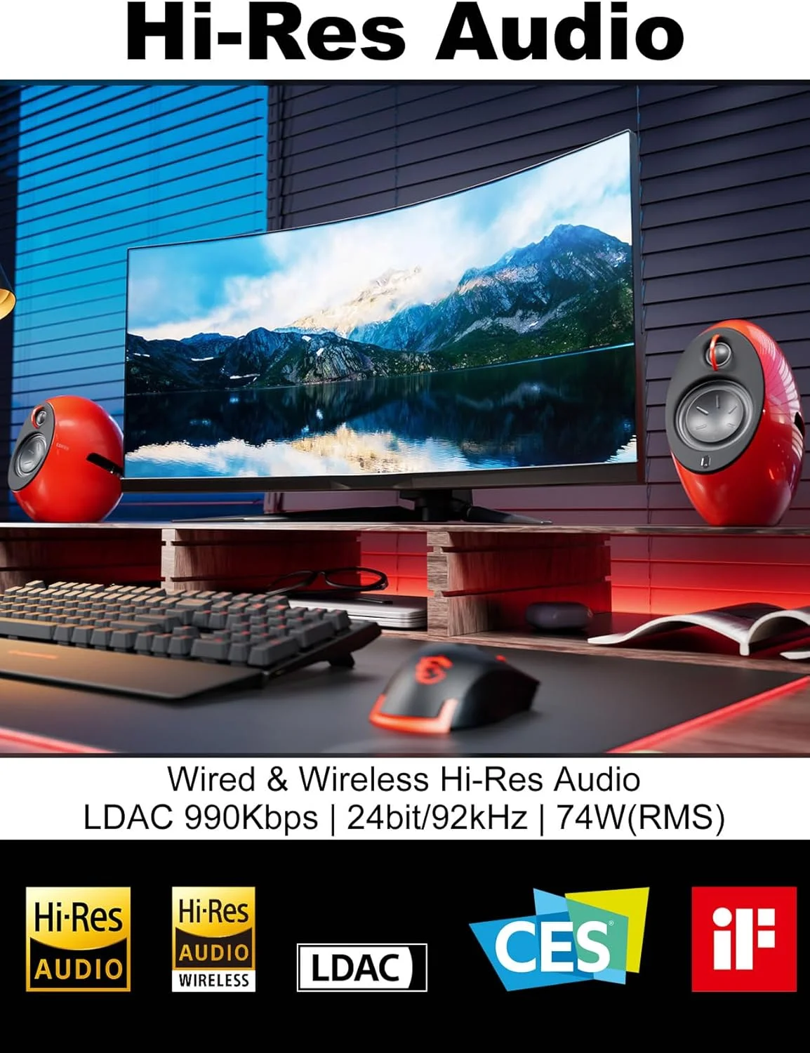 اسپیکرهای کامپیوتر Edifier e25HD با رادیاتورهای باس پسیو و بلوتوث 5.3 LDAC برای دسکتاپ - ورودی اپتیکال - اسپیکرهای قفسه کتابی Hi-Res با توان 74 وات با سیم و بی سیم 24 بیت/96 کیلوهرتز و 990 کیلوبیت بر ثانیه، قرمز