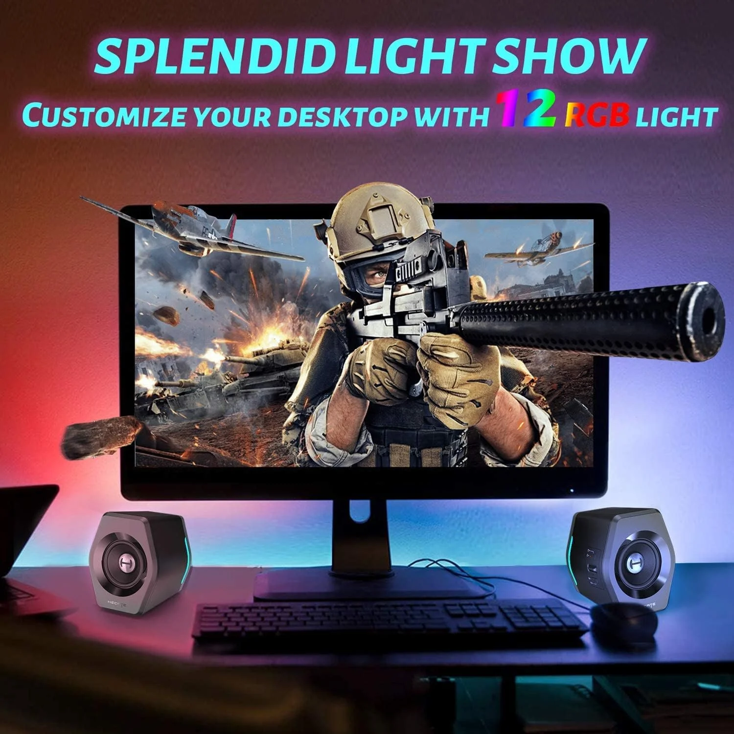 اسپیکر بلوتوث چند رسانه ای Edifier G2000 برای کامپیوتر شخصی، کامپیوتر رومیزی، بازی، لپ تاپ، مک، اسپیکرهای چند رسانه ای باس USB با ساب ووفر، چراغ های RGB، ورودی های AUX 3.5 میلی متری، مشکی