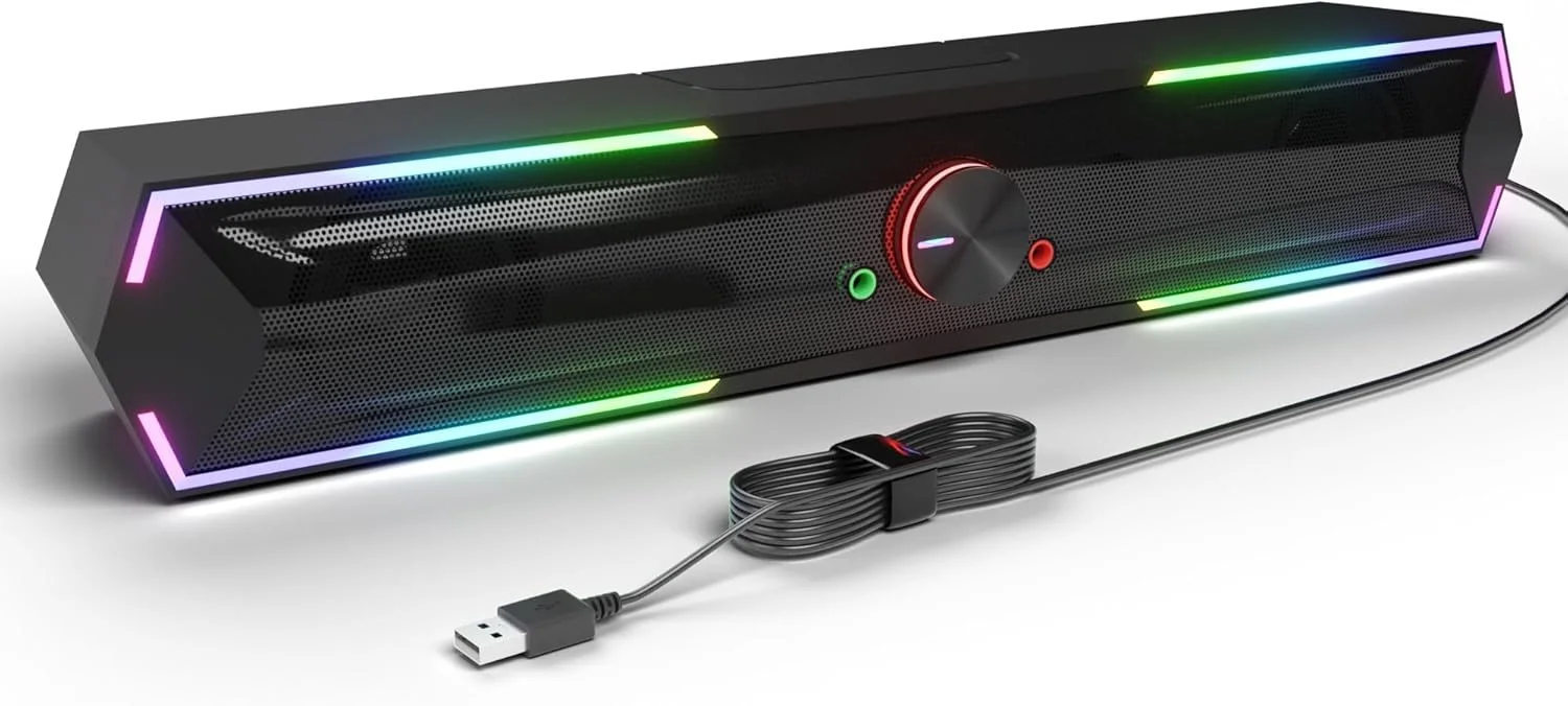 اسپیکر کامپیوتر بلوتوث NALACAL با نورپردازی RGB قابل تنظیم - تقویت بیس، صدای استریو و کنترل صدا، ساندبار با تغذیه USB برای کامپیوتر، لپ تاپ، دسکتاپ، بازی و دستگاه های چند رسانه ای