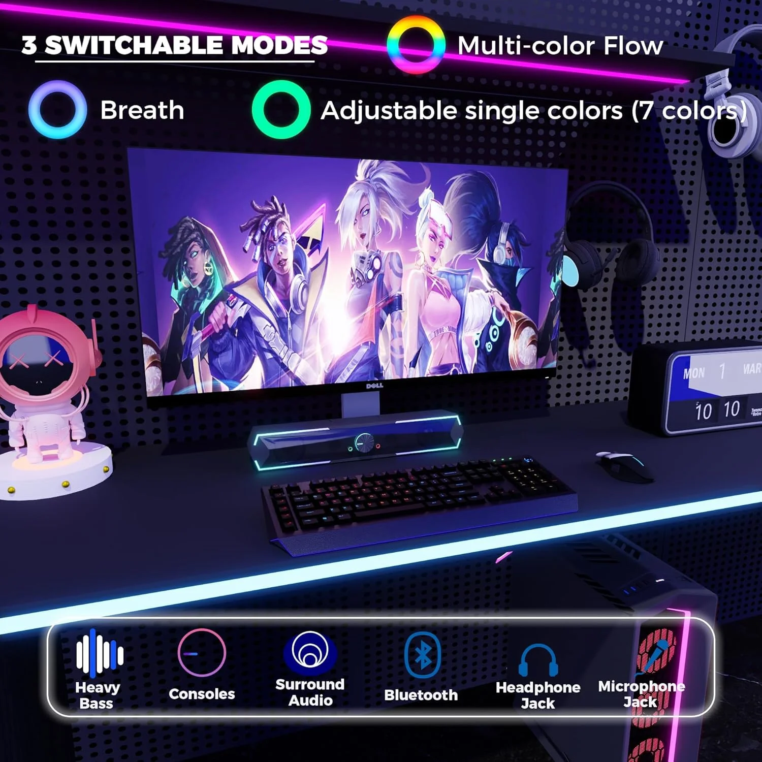 اسپیکر کامپیوتر بلوتوث NALACAL با نورپردازی RGB قابل تنظیم - تقویت بیس، صدای استریو و کنترل صدا، ساندبار با تغذیه USB برای کامپیوتر، لپ تاپ، دسکتاپ، بازی و دستگاه های چند رسانه ای