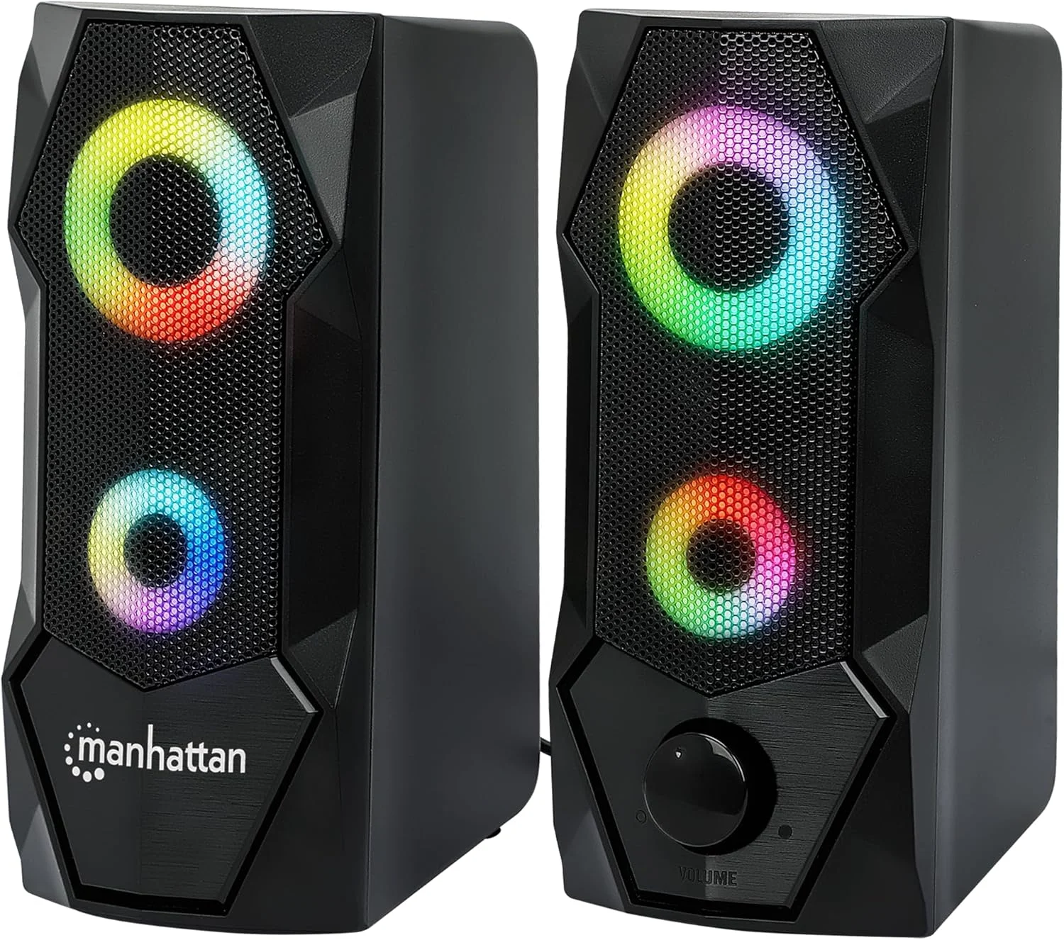 اسپیکرهای گیمینگ RGB با USB مانهتن - با صدای استریو، سیم بلند 1.8 متری، نورهای رنگارنگ، کنترل صدا و پلاگ صوتی 3.5 میلی متری - برای کامپیوتر، مانیتور، لپ تاپ، رایانه شخصی، دسکتاپ - 168359