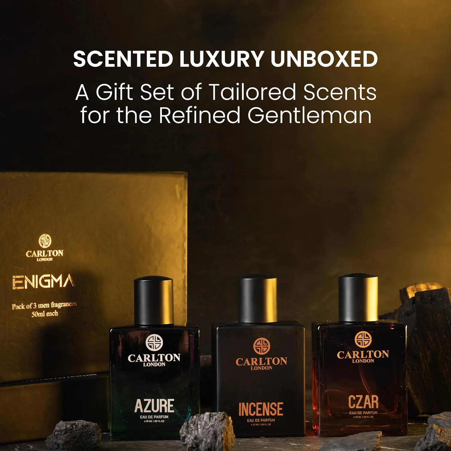 ست هدیه عطر مردانه Carlton London Premium Enigma | رایحه های تند، چوبی و مرکباتی ماندگار | ست 3 عددی - 50 میلی لیتر | Azure، Incense و Czar EDP