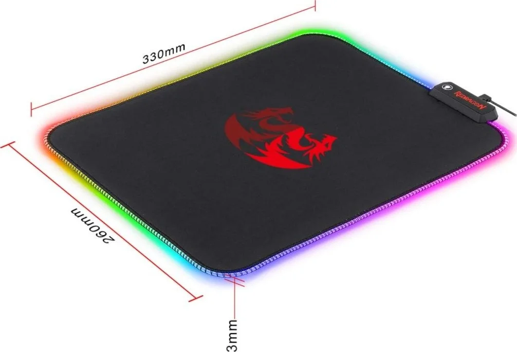 ماوس پد سیم دار RGB رِدراگون مدل Pluto P026، پارچه نرم، پایه لاستیکی ضد لغزش، لبه های دوخته شده (330x260x3 میلی متر) | P026