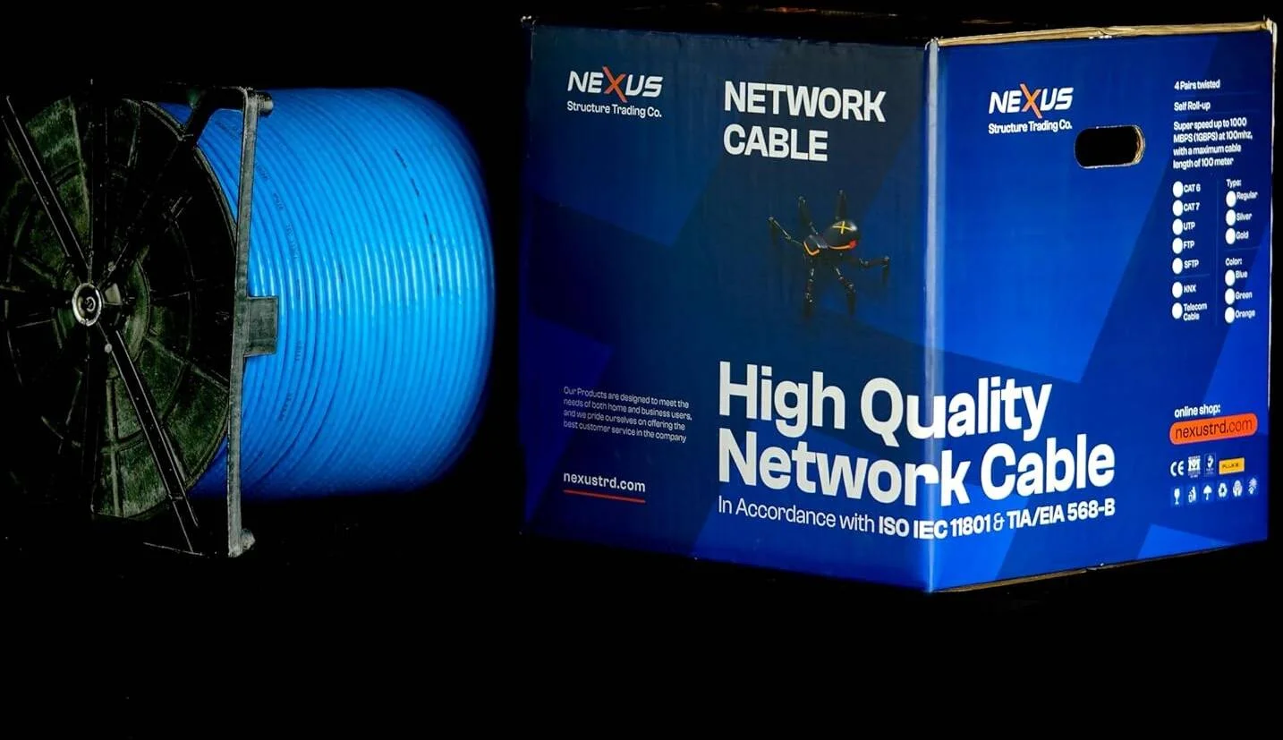 کابل شبکه نکسوس CAT6, SFTP 305 متری تماما مس خالص، کابل عمده بدون روکش CCA، شبکه ارتباطی 23 AWG، حلقه جمع شونده SFTP-305 متری سرعت بالا به همراه 6 عدد سوکت RJ45، شیلد دار CAT6 SFTP، 305 متر