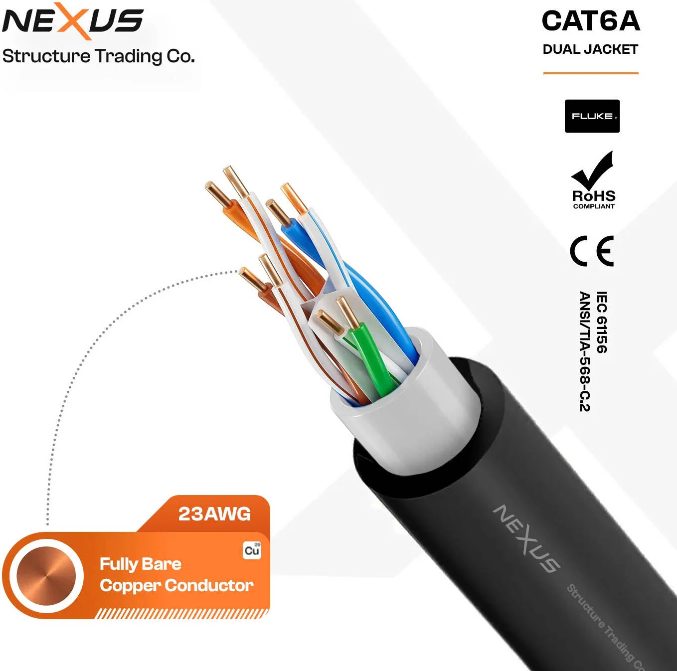 کابل اترنت NEXUS CAT6 A، UTP مناسب فضای باز، 23AWG، کابل شبکه LAN پرسرعت 10 گیگابیت بر ثانیه، هسته مسی جامد، 500 مگاهرتز، رول 305 متری، مشکی | UTP مناسب فضای باز
