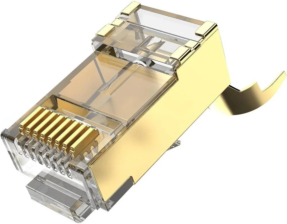 کانکتور ماژولار Cat.8 FTP ونشن، طراحی گیره دم چلچله ای، تراشه سه شاخه با روکش طلای 50U، براکت سیم، بسته 10 عددی، پوسته مسی با روکش طلا، طلایی/شفاف | IDHR0-10