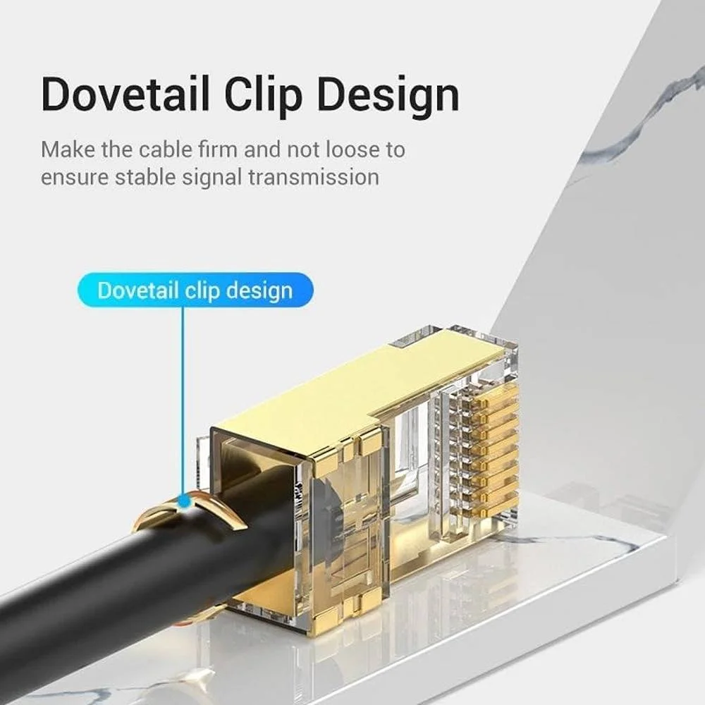 کانکتور ماژولار Cat.8 FTP ونشن، طراحی گیره دم چلچله ای، تراشه سه شاخه با روکش طلای 50U، براکت سیم، بسته 10 عددی، پوسته مسی با روکش طلا، طلایی/شفاف | IDHR0-10