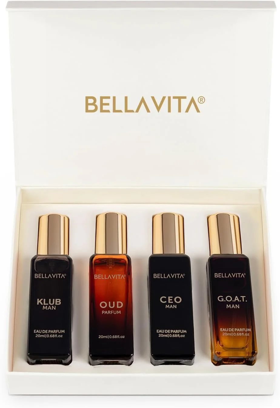 مجموعه هدیه عطر مردانه BellaVita Luxury | شامل عطرهای CEO Man، KLUB، OUD، GOAT | مجموعه عطرهای مردانه چوبی، مرکباتی و ماندگار | عطر عود مردانه | مجموعه عطرهای لوکس