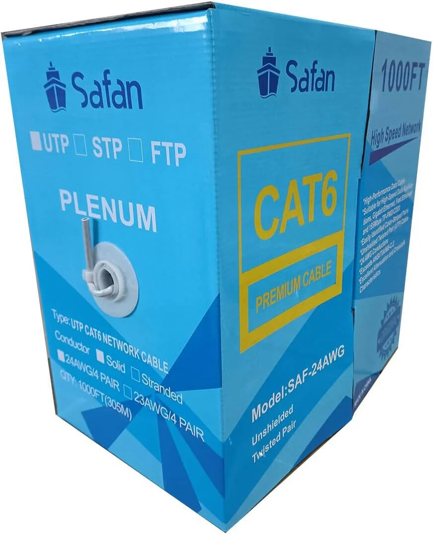 کابل اترنت CAT6 UTP سافان، قطر عایق 0.96±0.1 میلی‌متر، جنس عایق HDPE، سیم نایلونی، قطر کابل PVC 5.9±0.2 میلی‌متر، هادی‌های 24 AWG، طول 305 متر، خاکستری | SAF-24AWG