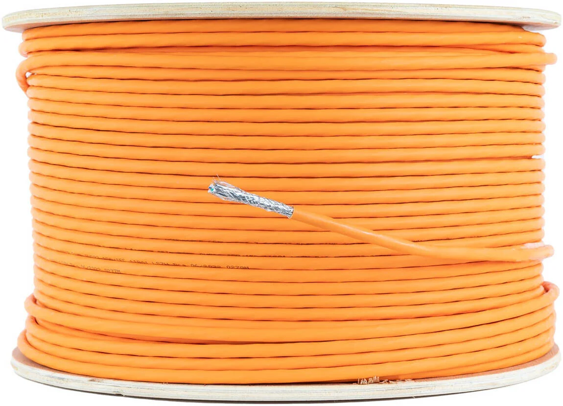 کابل اترنت SFTP CAT7، هادی CCA با ابعاد 8x0.57±0.005mm، عایق HDPE با ابعاد 0.96±0.1mm، فویل آلومینیومی + محافظ بافته شده 64+0.12Al، PVC، 305 متر، نارنجی | 320-SFTP-CAT7