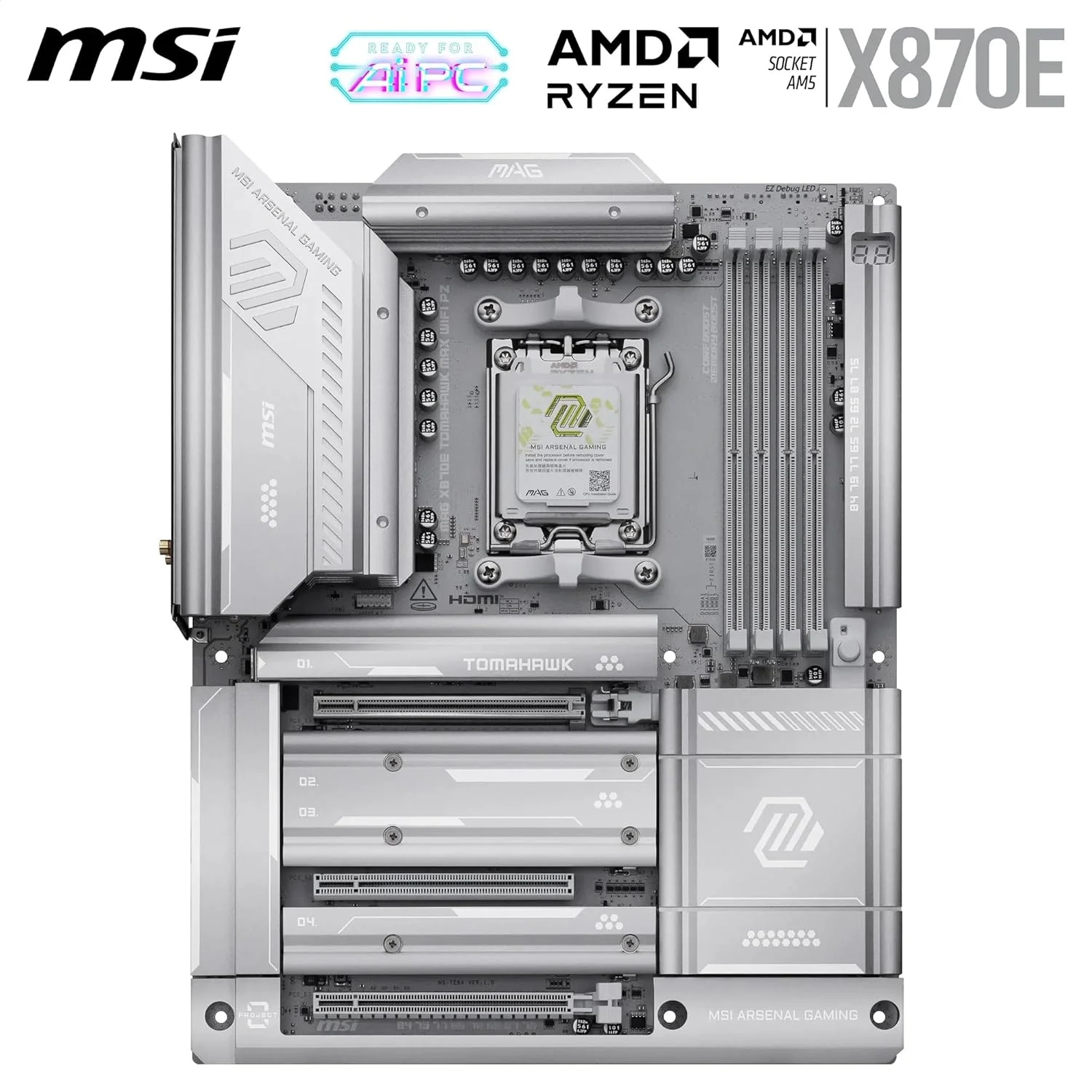مادربرد MSI MAG X870E Tomahawk MAX WiFi PZ، ATX - پشتیبانی از پردازنده های AMD Ryzen سری 9000/8000/7000، AM5 - تقویت حافظه DDR5 8400+ MT/s (OC)، PCIe 5.0 x16، M.2 Gen5، Wi-Fi 7، 5G LAN