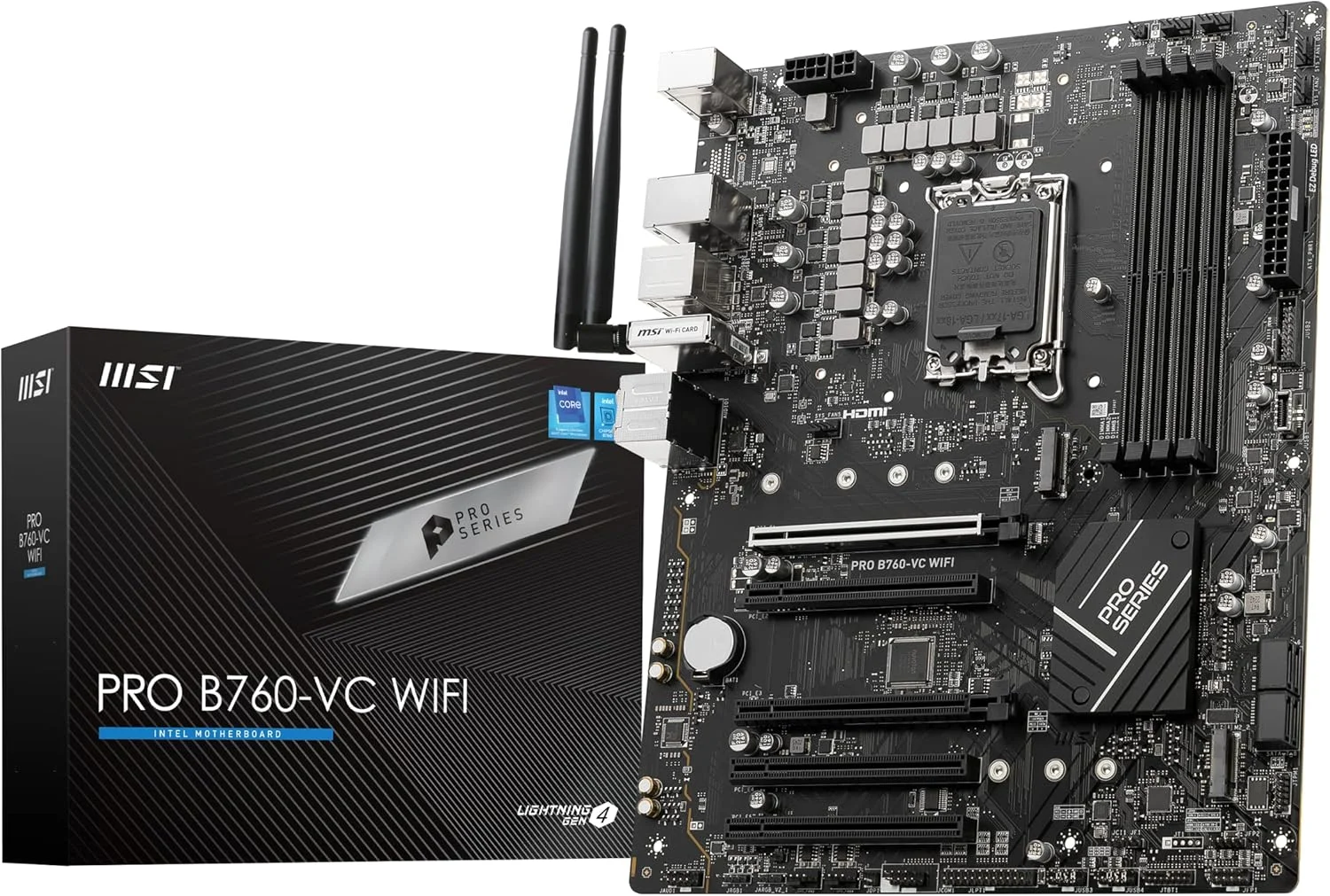 مادربرد MSI PRO B760-VC WiFi ProSeries (پشتیبانی از پردازنده‌های نسل 12 و 13 اینتل، LGA 1700، DDR5، PCIe 4.0، M.2، LAN 2.5 گیگابیتی، USB 3.2 Gen2، Wi-Fi 5، ATX) (بازسازی شده)