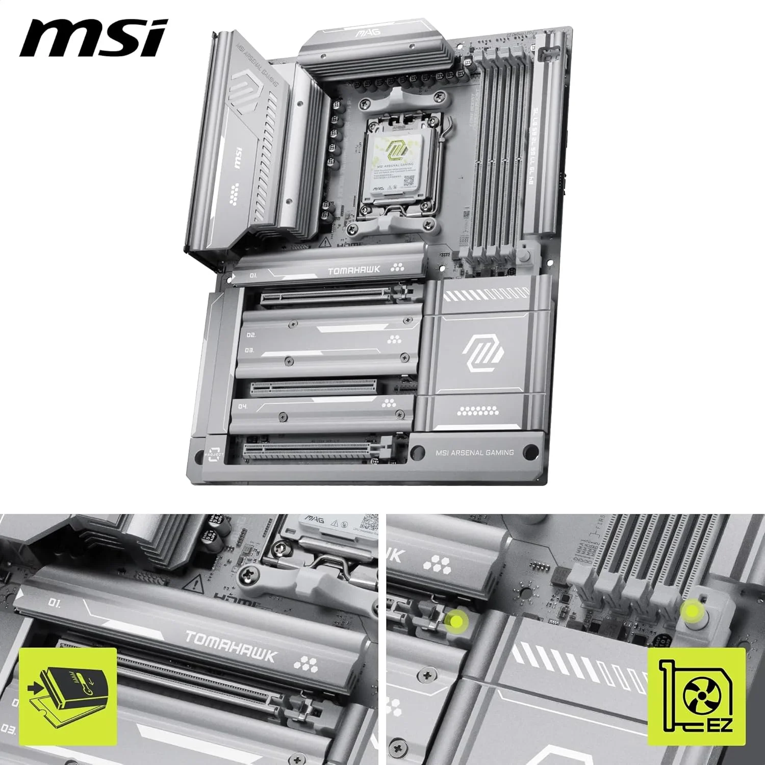 مادربرد MSI MAG X870E Tomahawk MAX WiFi PZ، ATX - پشتیبانی از پردازنده های AMD Ryzen سری 9000/8000/7000، AM5 - تقویت حافظه DDR5 8400+ MT/s (OC)، PCIe 5.0 x16، M.2 Gen5، Wi-Fi 7، 5G LAN
