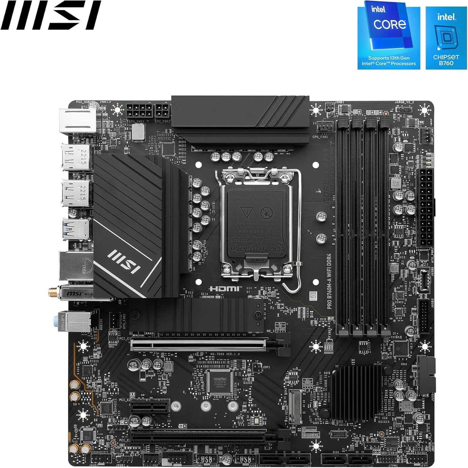 مادربرد MSI PRO B760M-A WiFi DDR4 mATX، با ۴ اسلات DDR4 تا ۱۲۸ گیگابایت، ۲ اسلات PCI-E x16، ۱ اسلات PCI-E x1، ۲ اسلات M.2، ۴ پورت SATA، ۴ پورت USB 3.2 و ۲ پورت USB 2.0 مادربرد MSI PRO B760M-A WiFi DDR4 mATX، با ۴ اسلات DDR4 تا ۱۲۸ گیگابایت، ۲ اسلات PCI-E x16، ۱ اسلات PCI-E x1، ۲ اسلات M.2، ۴ پورت SATA، ۴ پورت USB 3.2 و ۲ پورت USB 2.0