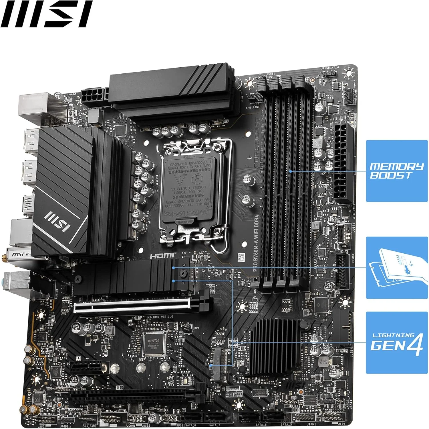 مادربرد MSI PRO B760M-A WiFi DDR4 mATX، با ۴ اسلات DDR4 تا ۱۲۸ گیگابایت، ۲ اسلات PCI-E x16، ۱ اسلات PCI-E x1، ۲ اسلات M.2، ۴ پورت SATA، ۴ پورت USB 3.2 و ۲ پورت USB 2.0 مادربرد MSI PRO B760M-A WiFi DDR4 mATX، با ۴ اسلات DDR4 تا ۱۲۸ گیگابایت، ۲ اسلات PCI-E x16، ۱ اسلات PCI-E x1، ۲ اسلات M.2، ۴ پورت SATA، ۴ پورت USB 3.2 و ۲ پورت USB 2.0