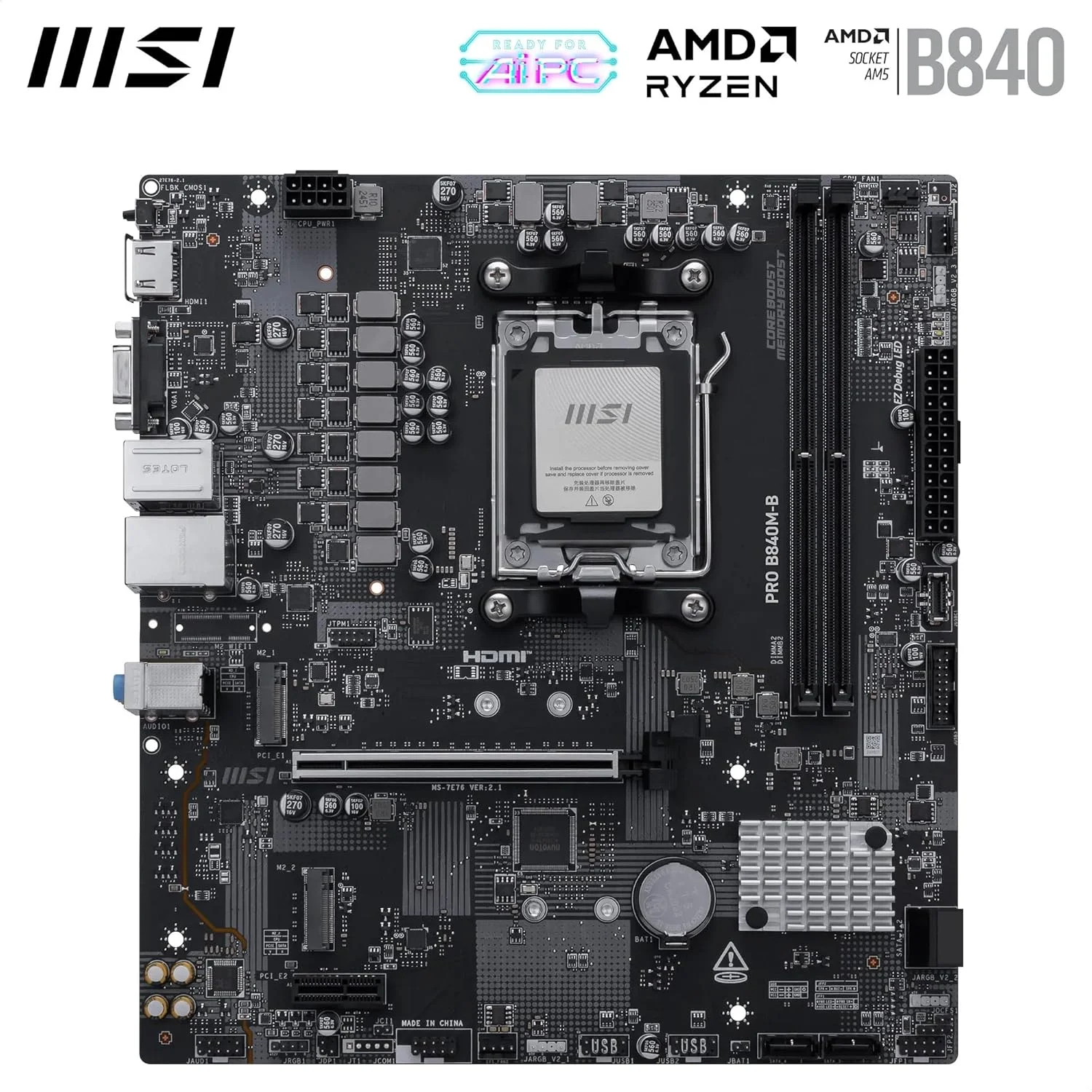 مادربرد ام اس آی PRO B840M-B، mATX - پشتیبانی از پردازنده های AMD Ryzen 9000/8000 / 7000، سوکت AM5 - تقویت حافظه DDR5 (بیش از 8000 MT/s OC)، PCIe 4.0 x16، M.2 Gen4، LAN 2.5G مادربرد ام اس آی PRO B840M-B، mATX - پشتیبانی از پردازنده های AMD Ryzen 9000/8000 / 7000، سوکت AM5 - تقویت حافظه DDR5 (بیش از 8000 MT/s OC)، PCIe 4.0 x16، M.2 Gen4، LAN 2.5G