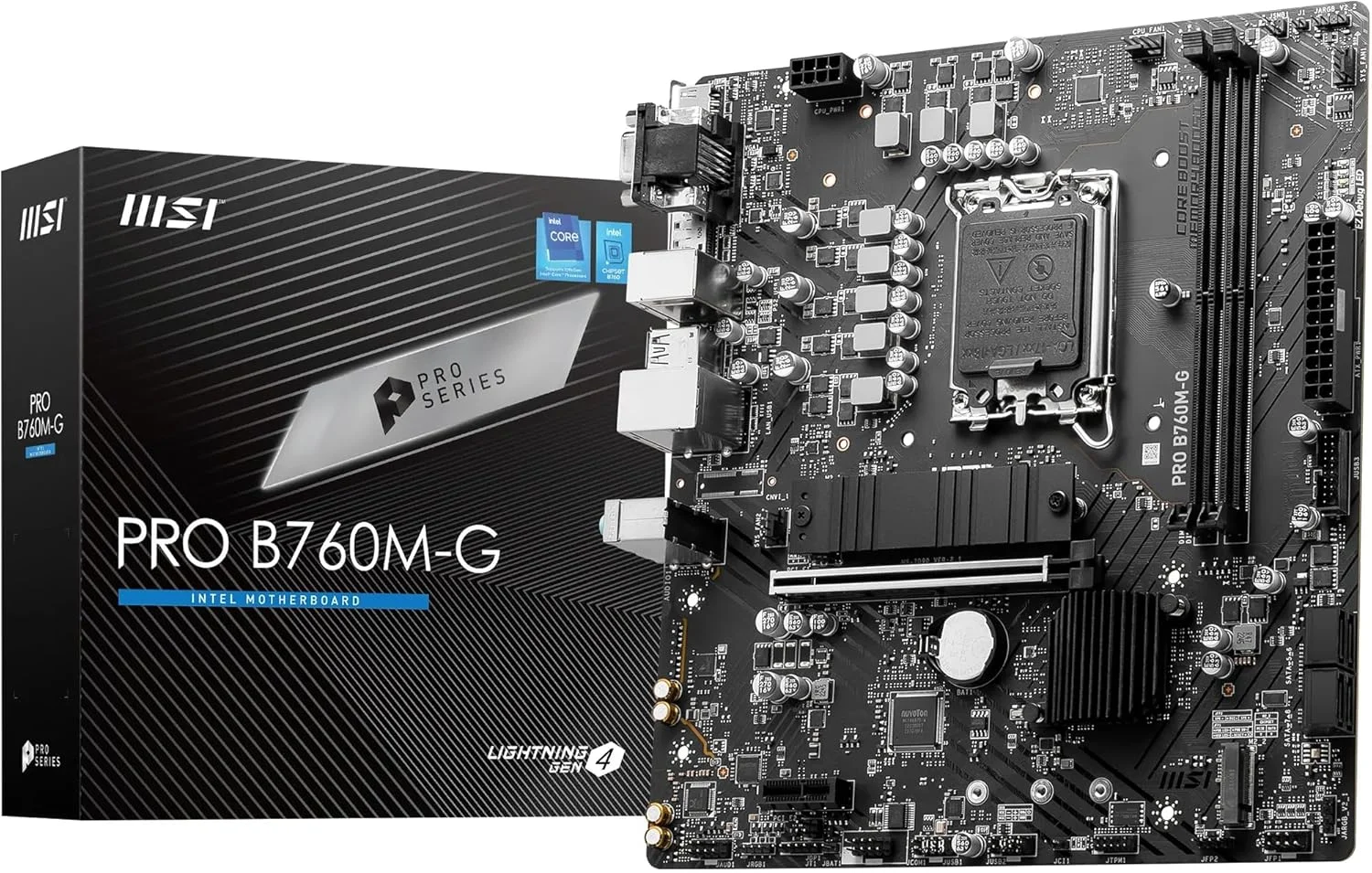 مادربرد MSI PRO B760M-G، Micro-ATX - پشتیبانی از پردازنده های نسل 14، 13 و 12 اینتل Core، LGA 1700 - تقویت حافظه DDR5 6400+MHz/OC، اسلات PCIe 4.0 x16، اسلات های M.2 Gen4، LAN 2.5G