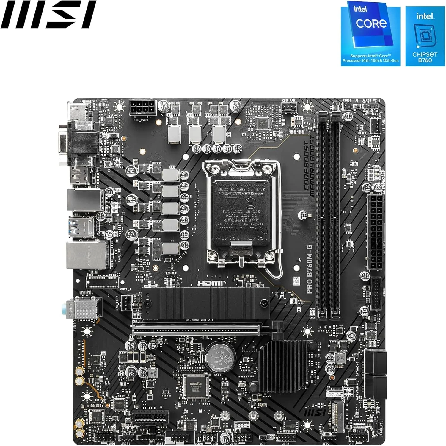 مادربرد MSI PRO B760M-G، Micro-ATX - پشتیبانی از پردازنده های نسل 14، 13 و 12 اینتل Core، LGA 1700 - تقویت حافظه DDR5 6400+MHz/OC، اسلات PCIe 4.0 x16، اسلات های M.2 Gen4، LAN 2.5G مادربرد MSI PRO B760M-G، Micro-ATX - پشتیبانی از پردازنده های نسل 14، 13 و 12 اینتل Core، LGA 1700 - تقویت حافظه DDR5 6400+MHz/OC، اسلات PCIe 4.0 x16، اسلات های M.2 Gen4، LAN 2.5G