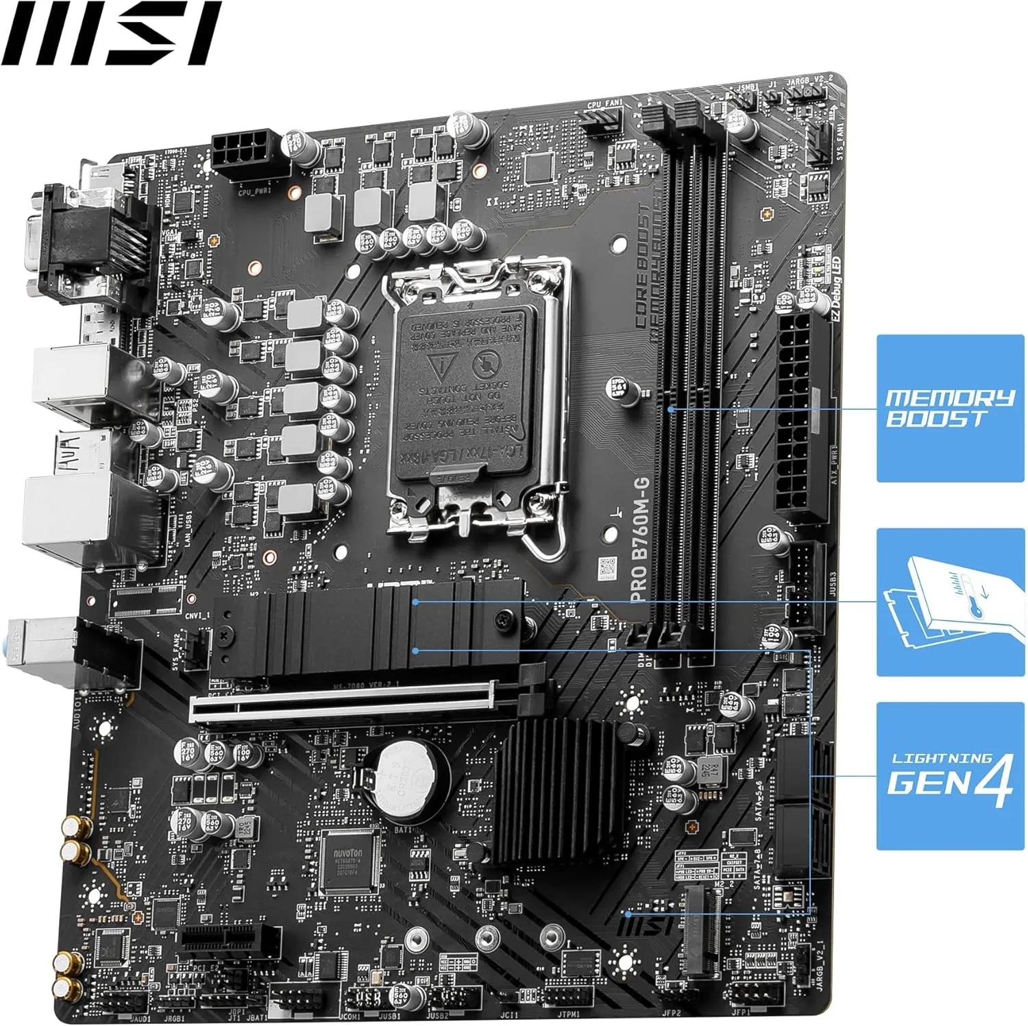 مادربرد MSI PRO B760M-G، Micro-ATX - پشتیبانی از پردازنده های نسل 14، 13 و 12 اینتل Core، LGA 1700 - تقویت حافظه DDR5 6400+MHz/OC، اسلات PCIe 4.0 x16، اسلات های M.2 Gen4، LAN 2.5G مادربرد MSI PRO B760M-G، Micro-ATX - پشتیبانی از پردازنده های نسل 14، 13 و 12 اینتل Core، LGA 1700 - تقویت حافظه DDR5 6400+MHz/OC، اسلات PCIe 4.0 x16، اسلات های M.2 Gen4، LAN 2.5G