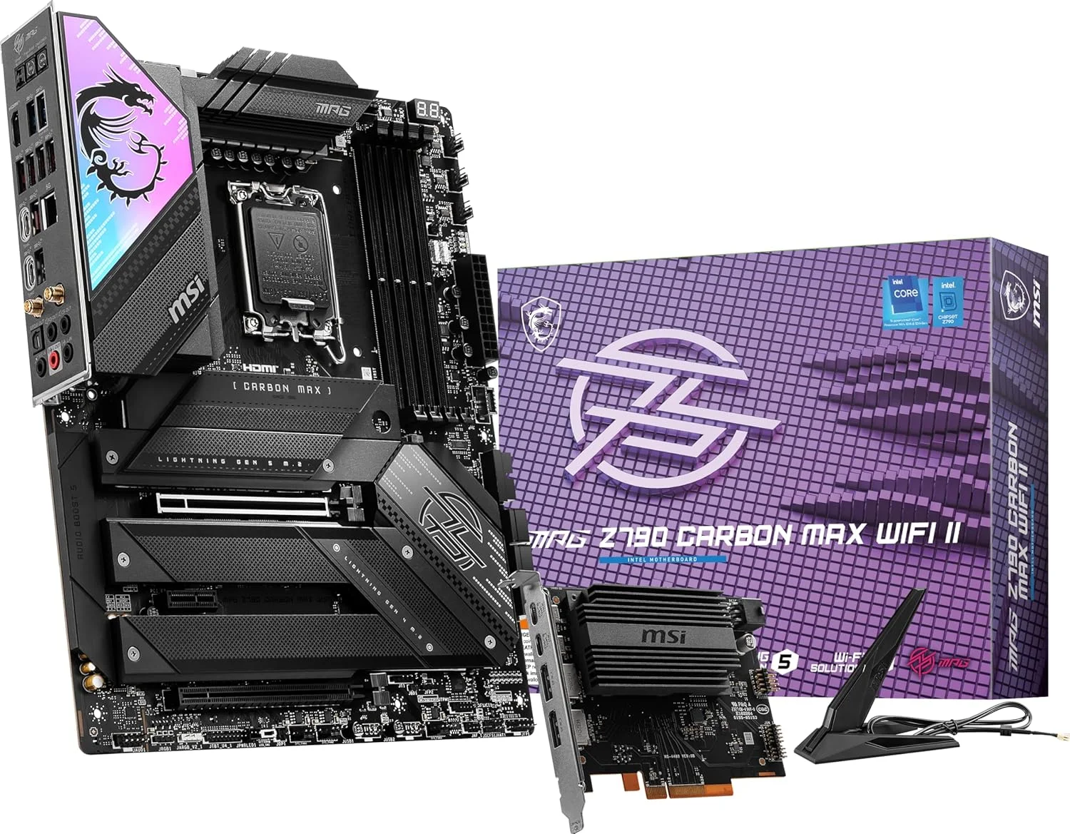 مادربرد گیمینگ MSI MPG Z790 Carbon MAX WiFi II (پشتیبانی از پردازنده‌های نسل 12/13/14 اینتل، LGA 1700, DDR5, PCIe 5.0, M.2, LAN 2.5Gbps, USB 4, Wi-Fi 7, ATX)