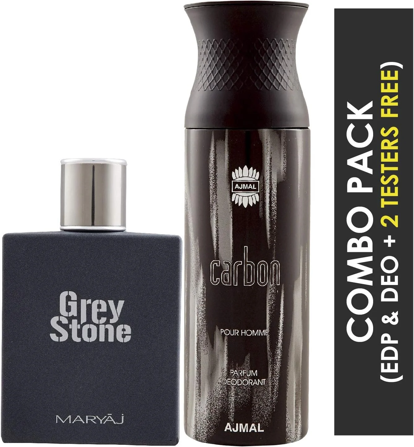 ادکلن مردانه ماریای مدل Grey Stone با رایحه چوبی معطر 100 میلی لیتر به همراه اسپری خوشبو کننده بدن مردانه اجمل مدل Carbon با رایحه مرکباتی و تند 200 میلی لیتر + 2 عدد تستر عطر رایگان