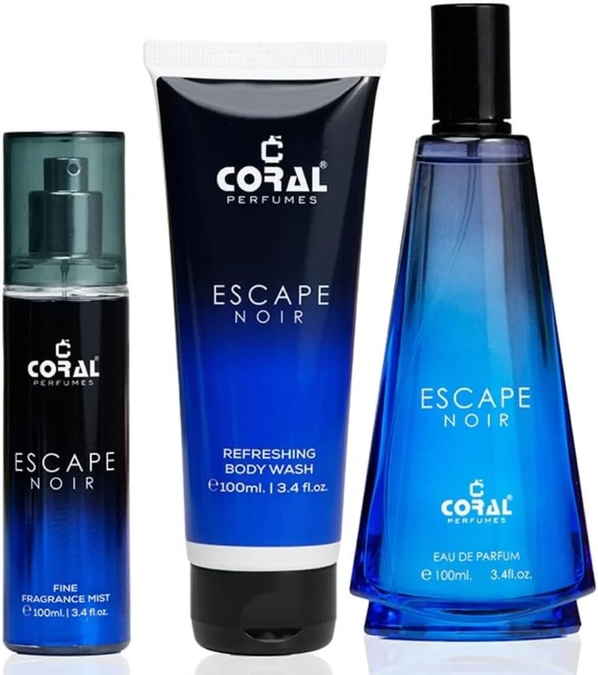 ست هدیه کورال Escape Noir مردانه – ادو پرفیوم، میست خوشبو کننده و بادی واش (هر کدام 100 میلی لیتر) | رایحه میوه ای و ادویه ای ماندگار | ست عطر لوکس از کورال پرفیومز