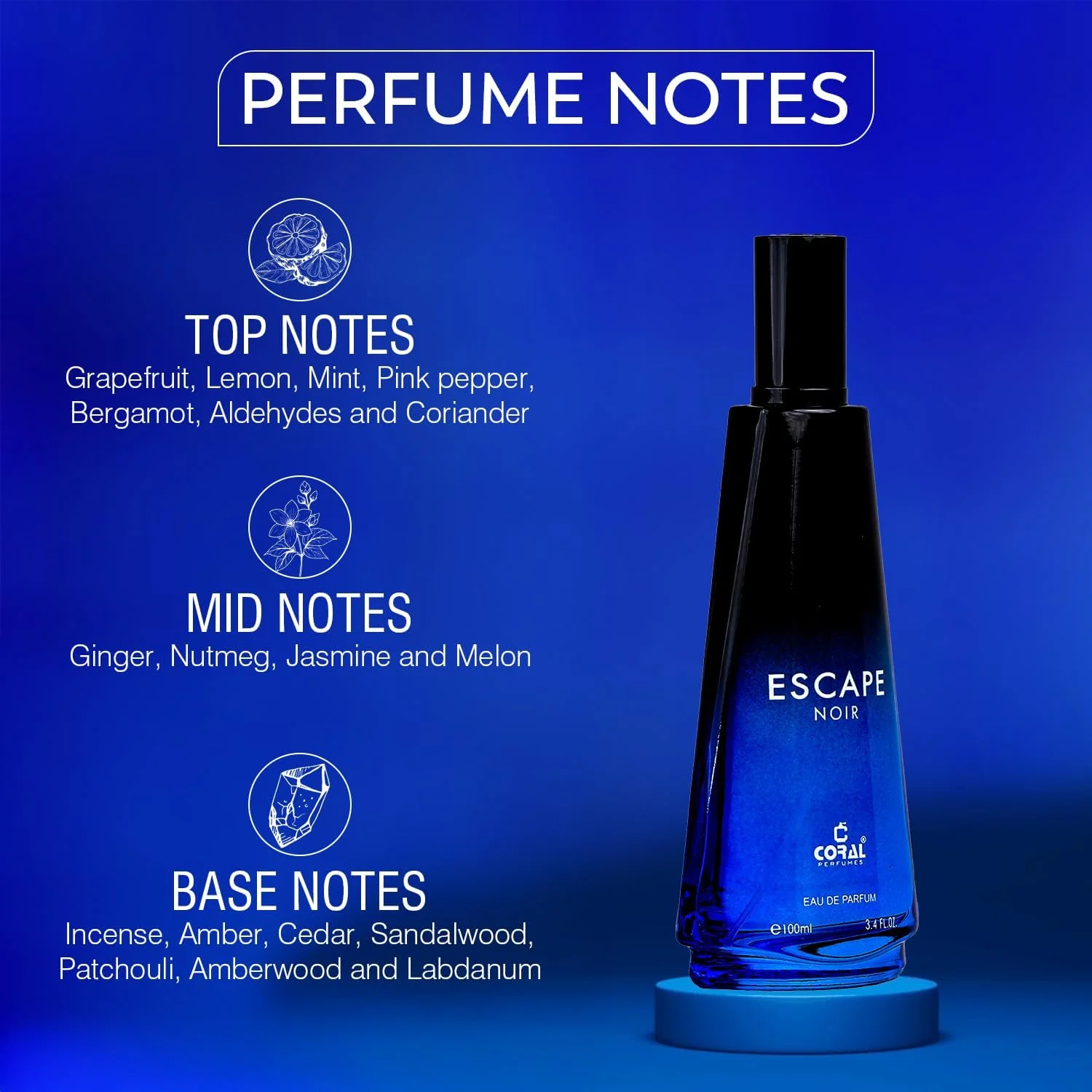 عطر مردانه کورال Escape Noir - ۱۰۰ میلی لیتر | ادو پرفیوم | ترکیبی معطر از مرکبات، ادویه جات و نت های چوبی | عطر لوکس ممتاز