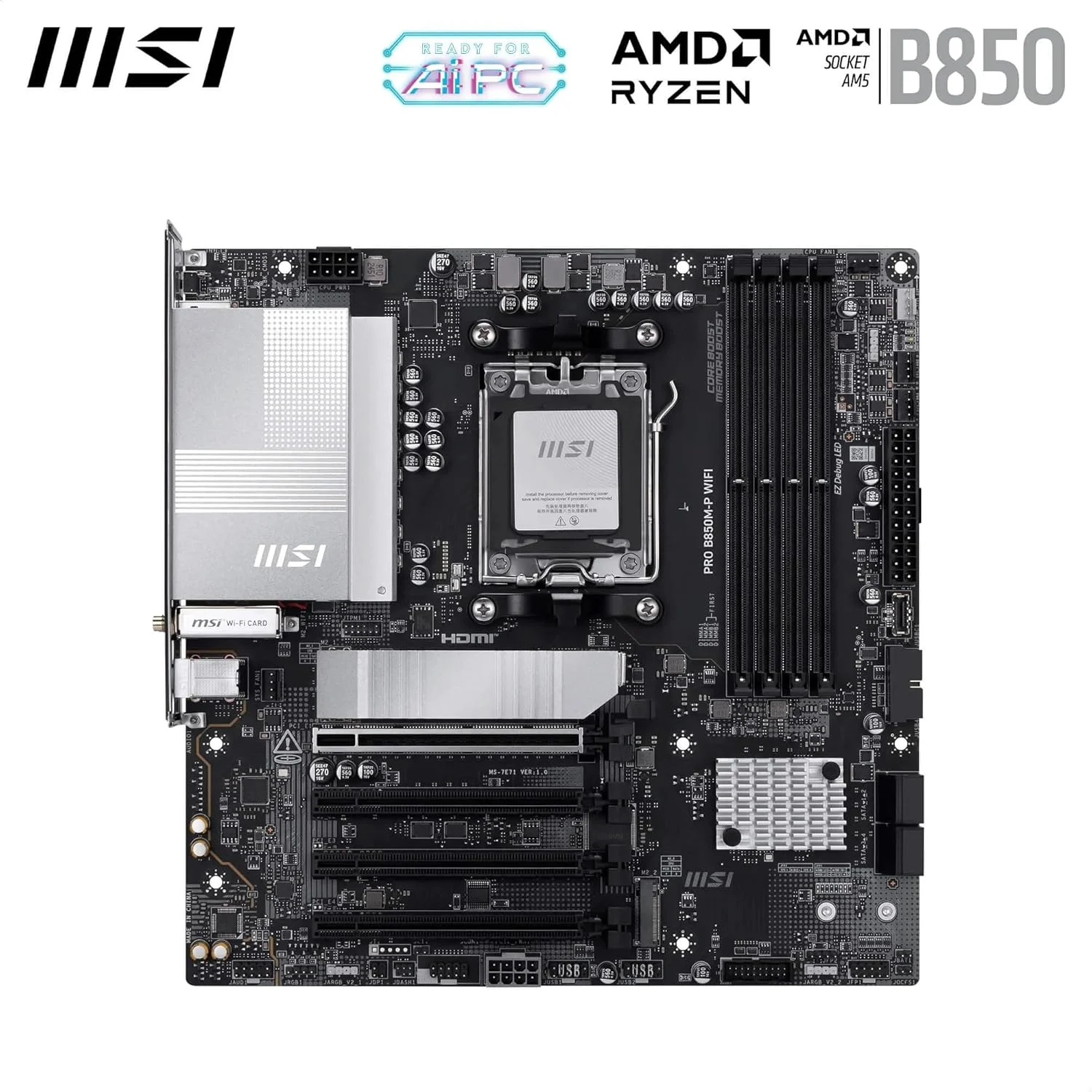 مادربرد MSI PRO B850M-P WiFi، mATX - پشتیبانی از پردازندههای AMD Ryzen سری 9000/8000/7000، سوکت AM5 - تقویت حافظه DDR5 (بیش از 8200+ MT/s OC)، PCIe 5.0 x16 و 4.0 x16، M.2 Gen5، Wi-Fi 7، LAN 5G مادربرد MSI PRO B850M-P WiFi، mATX - پشتیبانی از پردازندههای AMD Ryzen سری 9000/8000/7000، سوکت AM5 - تقویت حافظه DDR5 (بیش از 8200+ MT/s OC)، PCIe 5.0 x16 و 4.0 x16، M.2 Gen5، Wi-Fi 7، LAN 5G