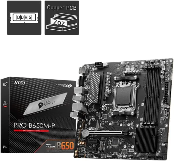 مادربرد ام اس آی PRO B650M-P ProSeries (پردازنده های AMD Ryzen سری 9000/8000/7000، AM5، DDR5، PCIe 4.0، M.2، SATA 6Gb/s، USB 3.2 Gen 2، HDMI/DP، LAN 2.5Gbps، mATX)
