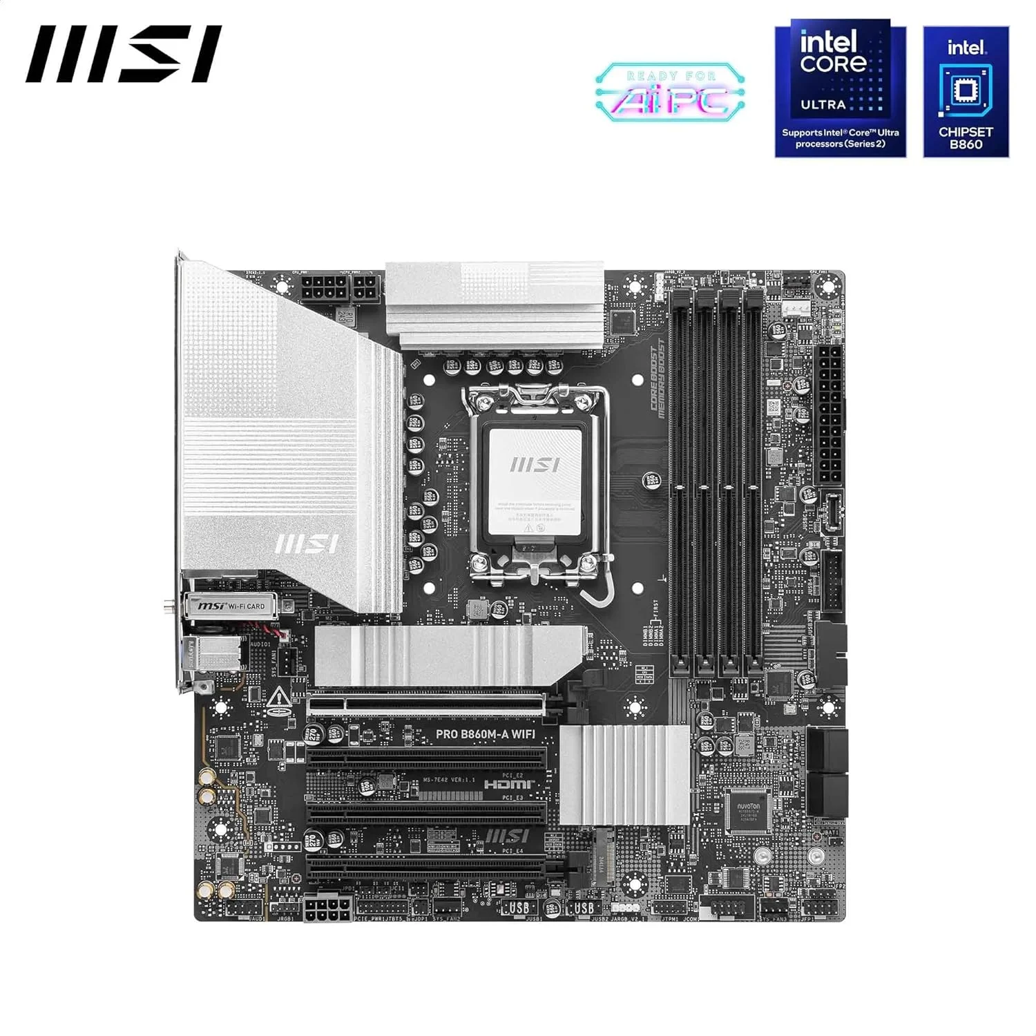 مادربرد MSI PRO B860M-A WiFi، mATX - پشتیبانی از پردازندههای Intel Core Ultra (سری 2)، LGA 1851-12 DRPS، تقویت حافظه DDR5 (8600+ MT/s OC)، PCIe 5.0 x16 & 4.0 x16، M.2 Gen5، Wi-Fi 7، 5G LAN مادربرد MSI PRO B860M-A WiFi، mATX - پشتیبانی از پردازندههای Intel Core Ultra (سری 2)، LGA 1851-12 DRPS، تقویت حافظه DDR5 (8600+ MT/s OC)، PCIe 5.0 x16 & 4.0 x16، M.2 Gen5، Wi-Fi 7، 5G LAN