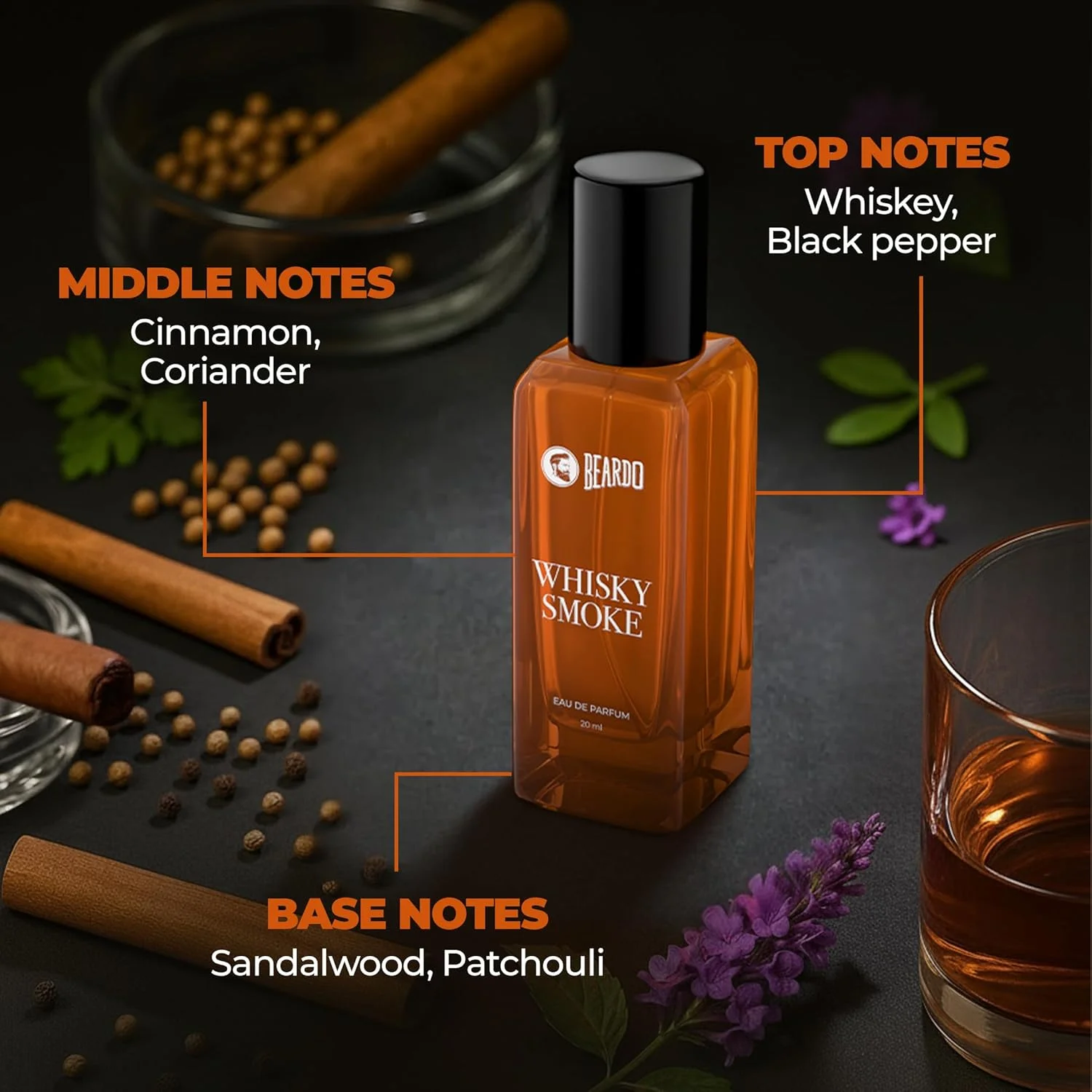 عطر مردانه بیردو ویسکی اسموک، 20 میلی لیتر | هدیه ویژه روز ولنتاین برای دوست پسر، همسر | رایحه ادویه ای، چوبی - عود | عطر ماندگار برای مردان