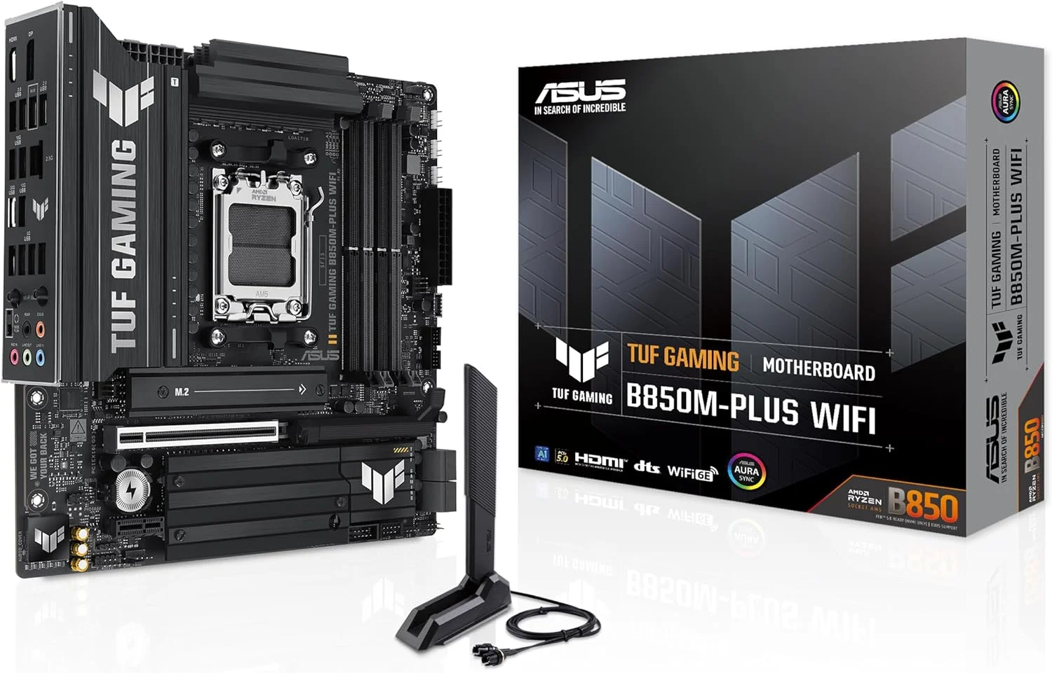 مادربرد ASUS TUF Gaming B850M-Plus WiFi، AMD mATX، منبع تغذیه 14 + 2 + 1 مرحله ای، DDR5، اسلات PCIe 5.0، 3 اسلات M.2، WiFi 6E، اترنت Realtek 2.5GB، USB-C، 20Gbps، BIOS Flashback و Aura