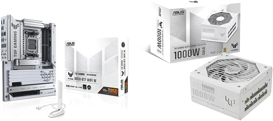 باندل مادربرد ایسوس TUF Gaming B850-BTF WiFi W AMD ATX، DDR5، آماده PCIe 5.0، 3X M.2، Wi-Fi 7 + منبع تغذیه 1000 واتی گلد وایت ادیشن ایسوس TUF Gaming (منبع تغذیه کاملاً ماژولار، دارای گواهینامه 80+ گلد)