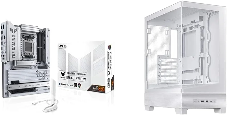 مجموعه مادربرد ASUS TUF Gaming B850-BTF WiFi W AMD ATX، طراحی کانکتور مخفی، DDR5، آماده PCIe 5.0، 3X M.2، Wi-Fi 7 + کیس ASUS A31 White ATX Mid-Tower، کانکتورهای مخفی BTF، پایه زاویه دار 8 درجه
