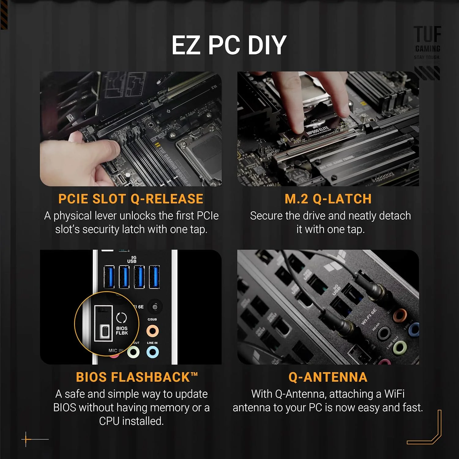 مادربرد ASUS TUF Gaming B850M-Plus WiFi، AMD mATX، منبع تغذیه 14 + 2 + 1 مرحله ای، DDR5، اسلات PCIe 5.0، 3 اسلات M.2، WiFi 6E، اترنت Realtek 2.5GB، USB-C، 20Gbps، BIOS Flashback و Aura