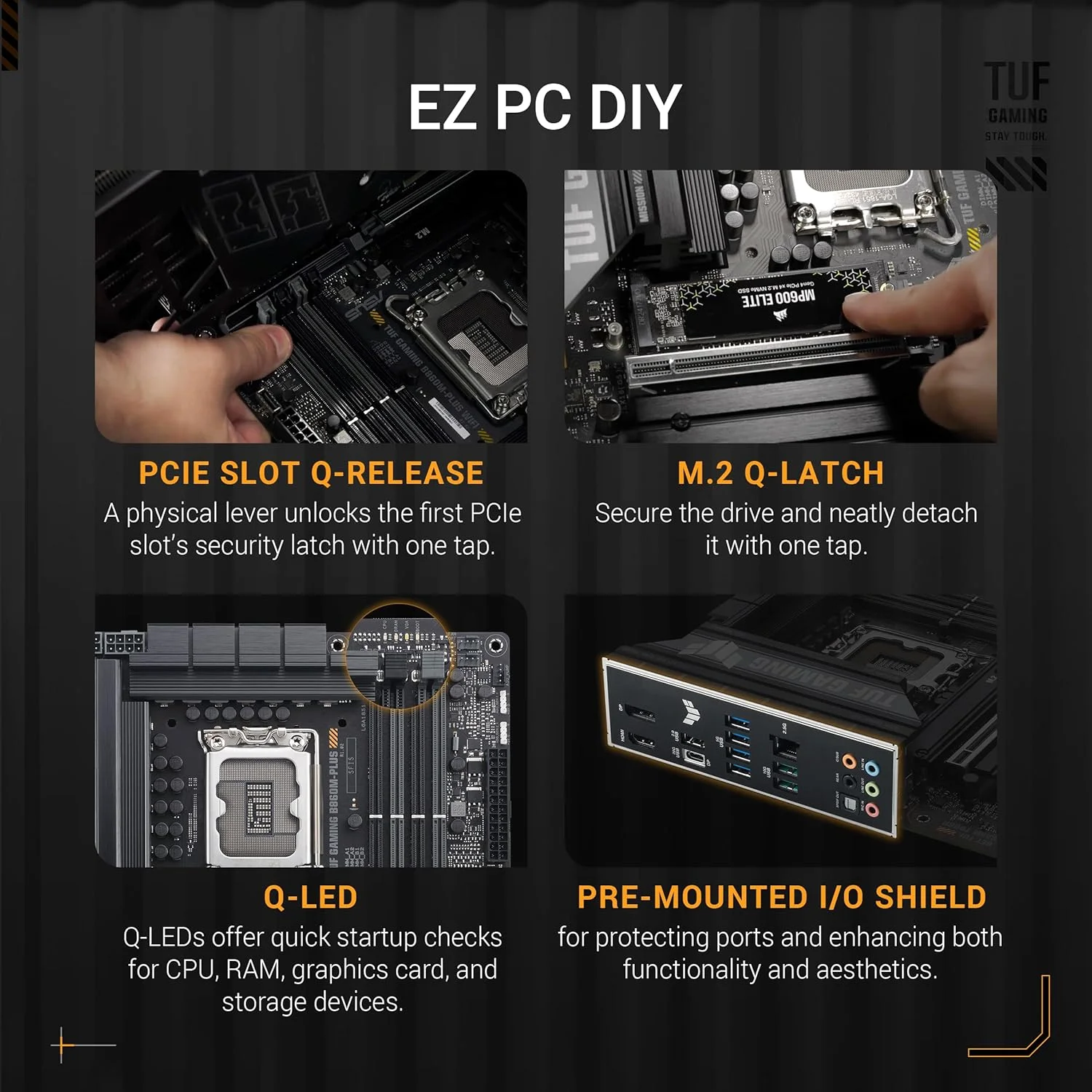 مادربرد ایسوس TUF Gaming B860M-PLUS Intel mATX، دارای 12+1+2+1 مراحل قدرت 80A DrMOS، DDR5، PCIe 5.0، 3 اسلات M.2، اترنت Realtek 2.5Gb، DisplayPort، HDMI، USB 20Gbps Type-C با حالت DP Alt