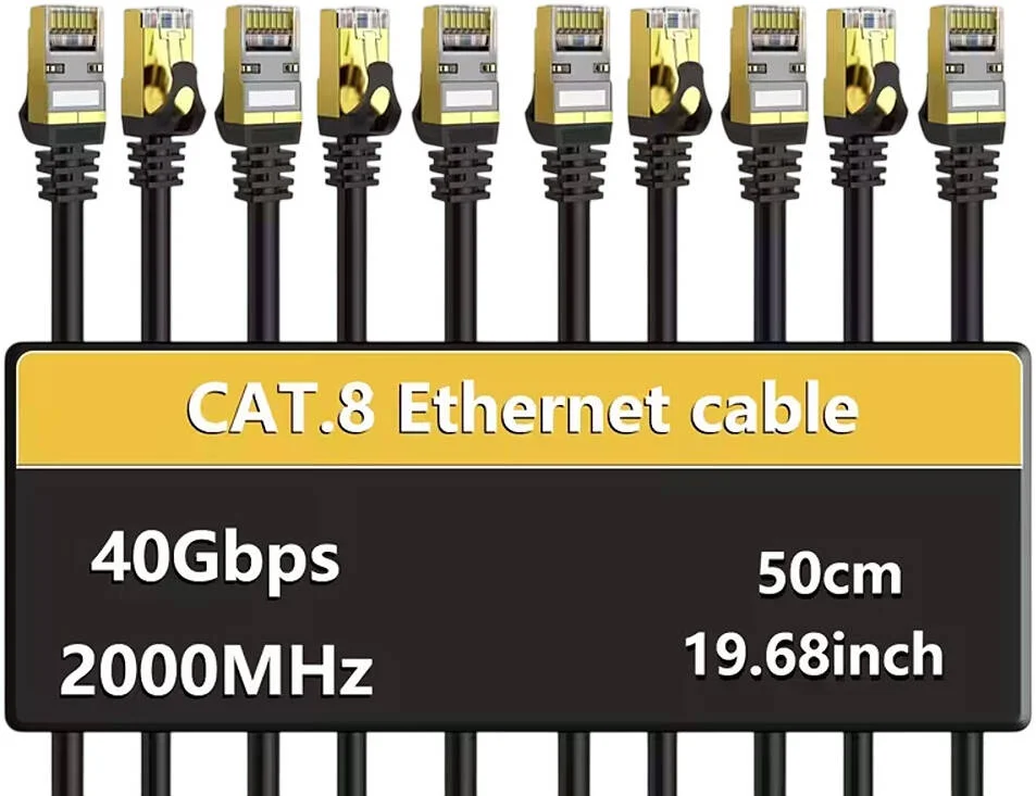 کابل اترنت Cat8، با روکش طلایی، کابل محافظ دار، مقاوم و پرسرعت، دفن مستقیم، 26AWG، سیم شبکه LAN، 40 گیگابیت بر ثانیه، 2000 مگاهرتز، کابل SFTP، طول 50 سانتی متر، مشکی