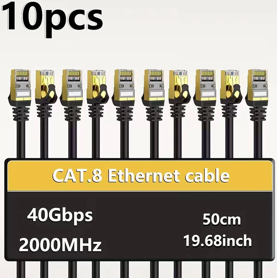 کابل اترنت Cat8، با روکش طلایی، کابل محافظ دار، مقاوم و پرسرعت، دفن مستقیم، 26AWG، سیم شبکه LAN، 40 گیگابیت بر ثانیه، 2000 مگاهرتز، کابل SFTP، طول 50 سانتی متر، مشکی