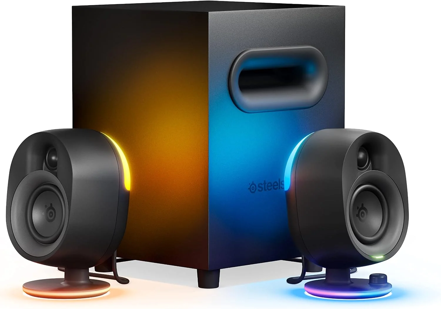 اسپیکرهای گیمینگ 2.1 استیل سریز Arena 7 RGB با نورپردازی، بیس قدرتمند، ساب ووفر و بلوتوث - سازگار با کامپیوتر، پلی استیشن، موبایل - مشکی (بازسازی شده)
