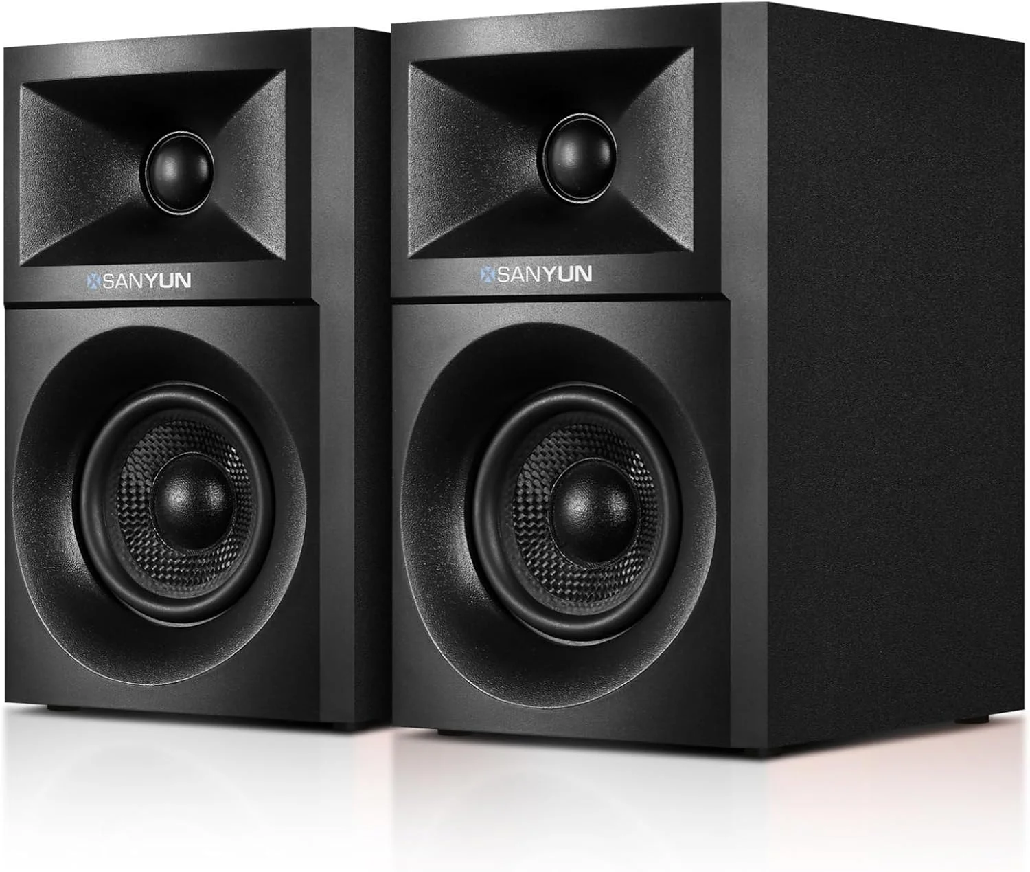 اسپیکر کامپیوتر Sanyun SW203 4.0 - توان 60 وات، کنترل DSP چهار طرفه، صدای فراگیر سه بعدی - ووفر فیبر کربنی 3 اینچی و تیوتر گنبدی ابریشمی 20 میلی متری - DAC 24 بیتی USB/Bluetooth 5.4/AUX - صدای استودیویی (جفت، مشکی)