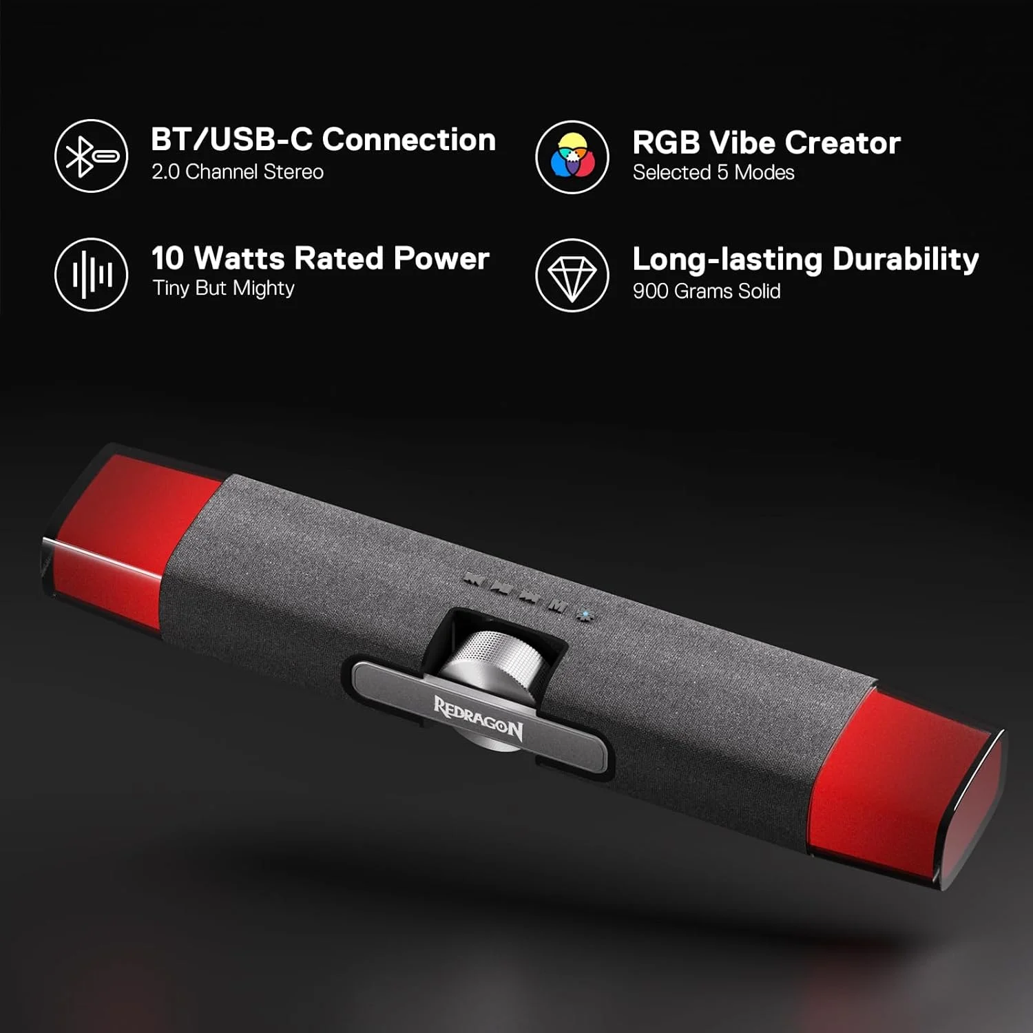 اسپیکرهای رومیزی RGB رداگون GS512، ساندبار استریو کامپیوتر 2.0 با حالت BT 5.0/USB، حداکثر صدای غنی 5W x 2، نور پس زمینه کریستالی RGB و کنترل آسان روی برد، تغذیه از طریق USB-C اسپیکرهای رومیزی RGB رداگون GS512، ساندبار استریو کامپیوتر 2.0 با حالت BT 5.0/USB، حداکثر صدای غنی 5W x 2، نور پس زمینه کریستالی RGB و کنترل آسان روی برد، تغذیه از طریق USB-C