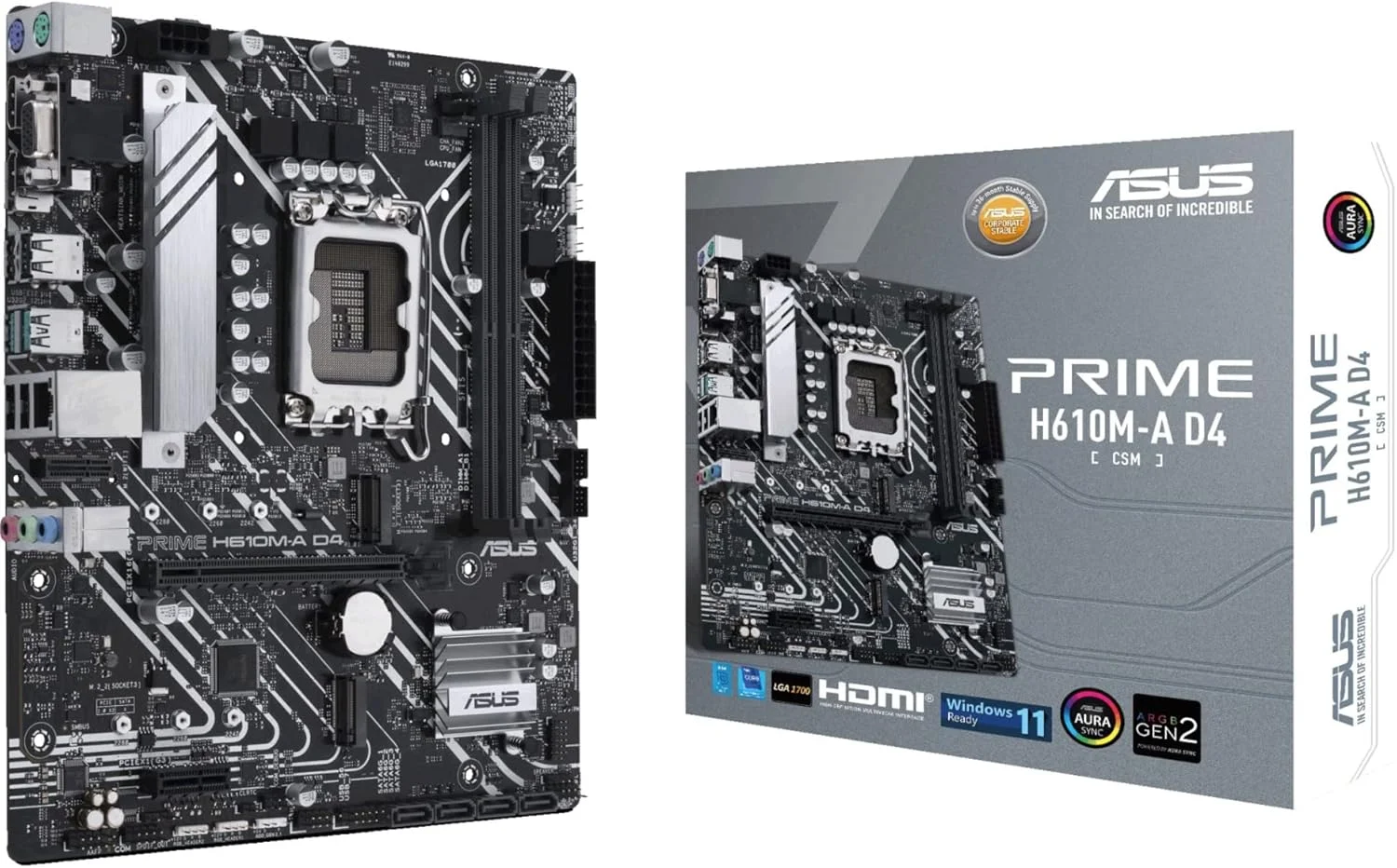 مادربرد تجاری ASUS Prime H610M-A D4-CSM Micro-ATX LGA 1700 (نسل دوازدهم اینتل) (PCIe 4.0, DDR4, 2xM.2 Slots, 1Gb LAN, پورت های USB 3.2 Gen 2 در پنل پشتی، DP/HDMI/D-Sub, SPI-TPM Header, ACCE)
