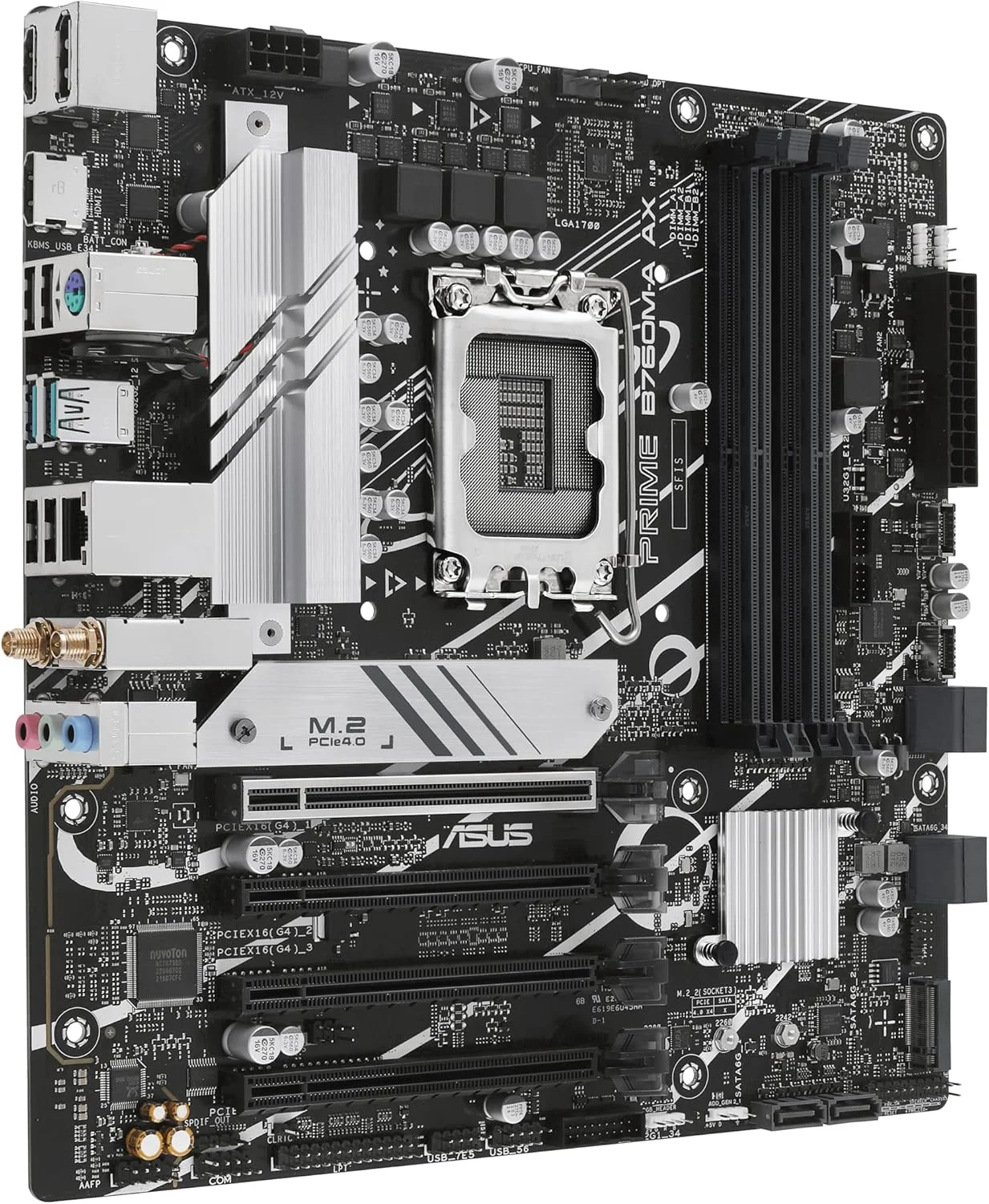 مادربرد ایسوس پرایم B760M-A AX LGA 1700 (نسل 12 و 13 اینتل) microATX (PCIe® 4.0، 2xM.2 Slots، DDR5، Realtek 2.5 Gb LAN، WiFi 6، DP، USB 3.2 Gen 2 پشتی، USB 3.2 Gen 1 Type-C جلویی) (بازسازی شده)