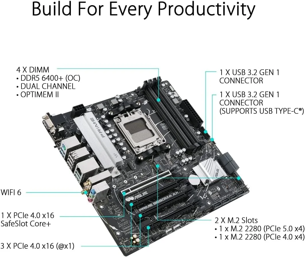 مادربرد ایسوس پرایم B650M-A AX AMD B650 (Ryzen 7000) Micro-ATX (DDR5, PCIe 5.0 M.2, 2.5Gb LAN, Wi-Fi 6, DP, پورت های USB 3.2 Gen 2, USB 3.2 Gen 1 Type-C® جلویی, BIOS Flashback™, CEC Tier II Ready)