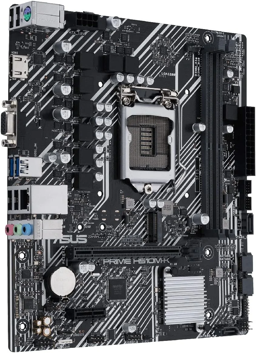 مادربرد ASUS Micro-ATX (اینتل H510 LGA 1200 با PCIe 4.0، اسلات M.2 با سرعت 32 گیگابیت بر ثانیه، اترنت اینتل 1 گیگابایتی، HDMI، D-Sub، USB 3.2 Gen 1 Type-A، SATA 6Gbps، پورت COM و کانکتور RGB)، مشکی