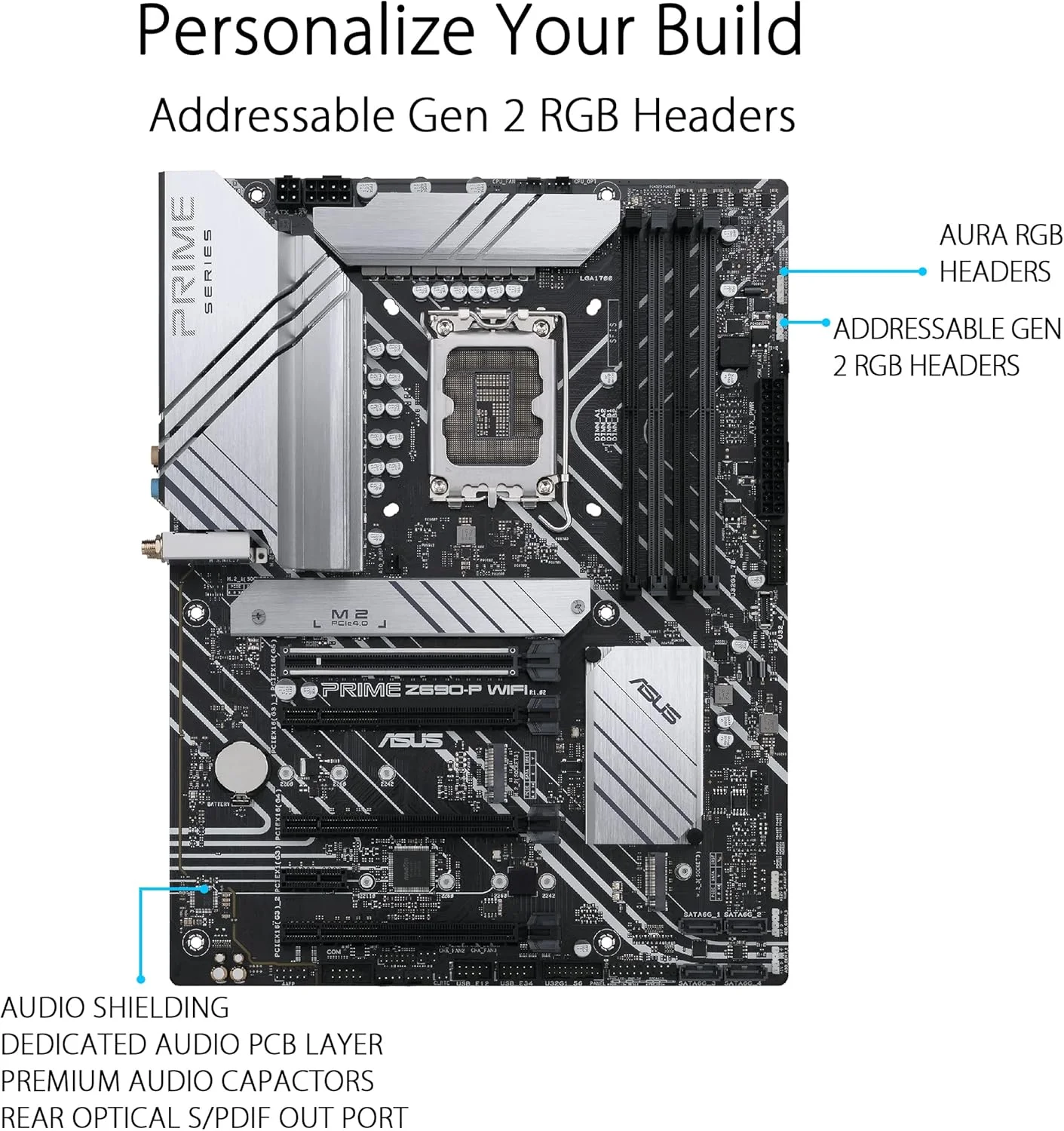مادربرد ایسوس پرایم Z690-P WiFi LGA1700 (نسل دوازدهم اینتل) ATX (PCIe 5.0, DDR5, 14+1 Power Stages, 3X M.2, WiFi 6, BT v5.2, 2.5Gb LAN, USB 3.2 Gen 1 Type-C پنل جلو, پشتیبانی از Thunderbolt 4, Arua Sync)