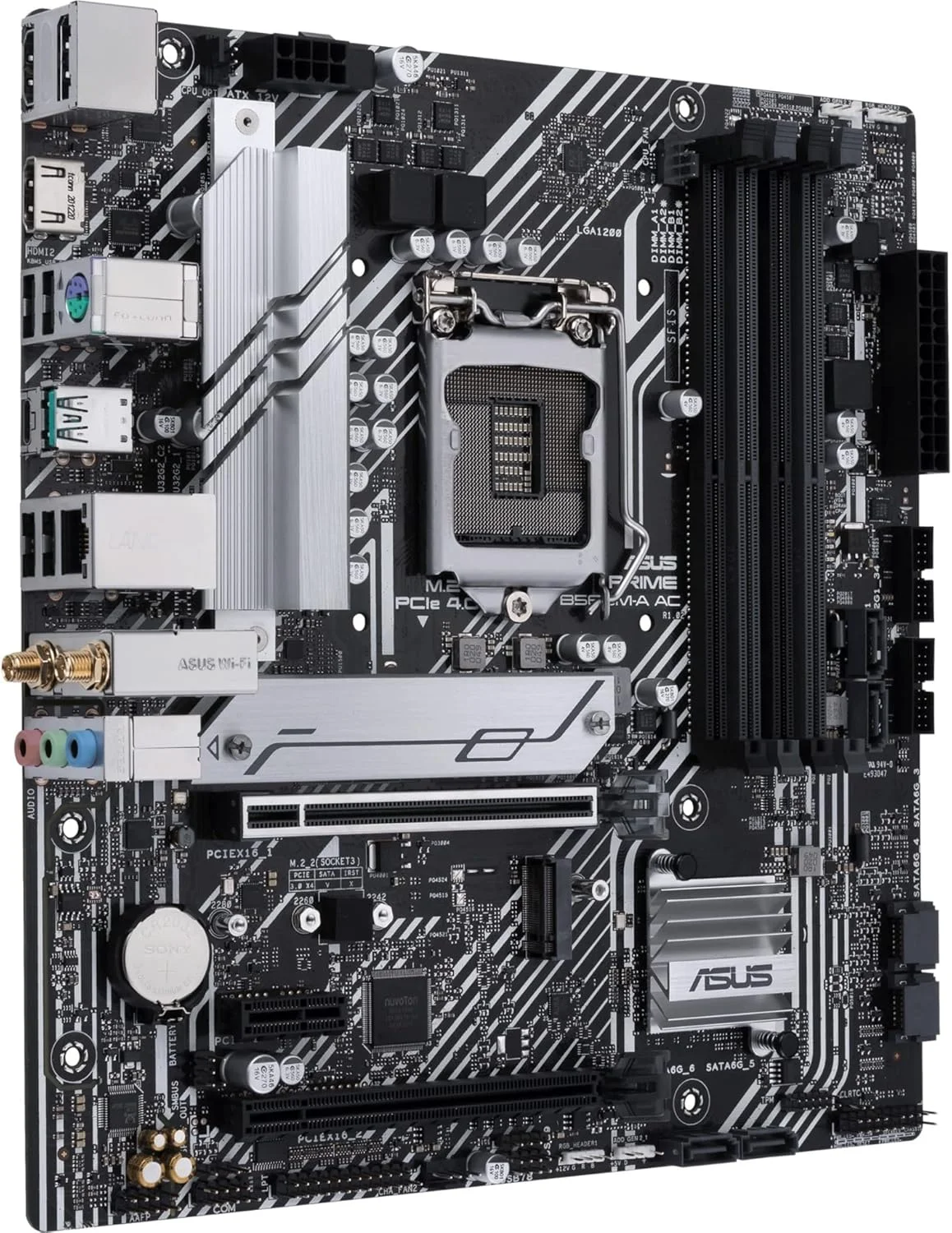 مادربرد ایسوس Prime B560M-A AC Intel B560 (LGA1200) mATX، PCIe 4.0، دو اسلات M.2، 8 فاز قدرت، 1GbLAN، DisplayPort، دو HDMI، USB 3.2 Gen 2 Type-C پشتی، ماژول Wi-Fi 5 داخلی، Aura Sync، RGB آدرس پذیر