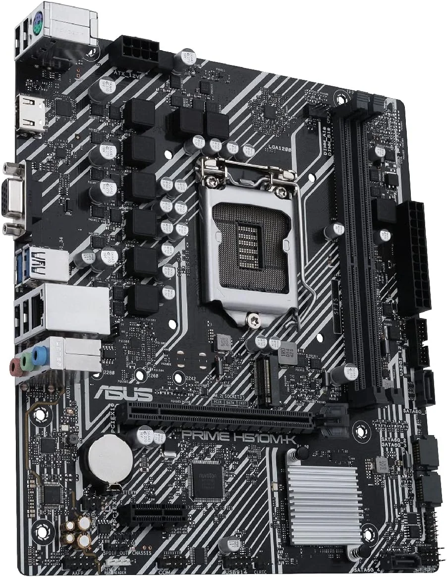 مادربرد ASUS Micro-ATX (اینتل H510 LGA 1200 با PCIe 4.0، اسلات M.2 با سرعت 32 گیگابیت بر ثانیه، اترنت اینتل 1 گیگابایتی، HDMI، D-Sub، USB 3.2 Gen 1 Type-A، SATA 6Gbps، پورت COM و کانکتور RGB)، مشکی