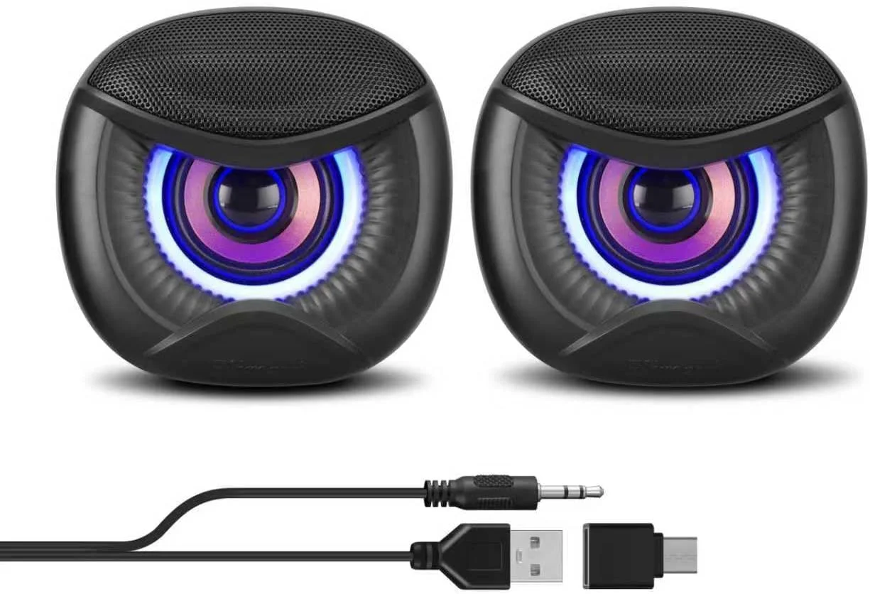 اسپیکرهای کامپیوتر USB با نورپردازی RGB، اسپیکرهای PC با رابط USB-C مناسب برای مانیتور لپ تاپ رومیزی، طراحی چشم جغد، چراغ های آبی
